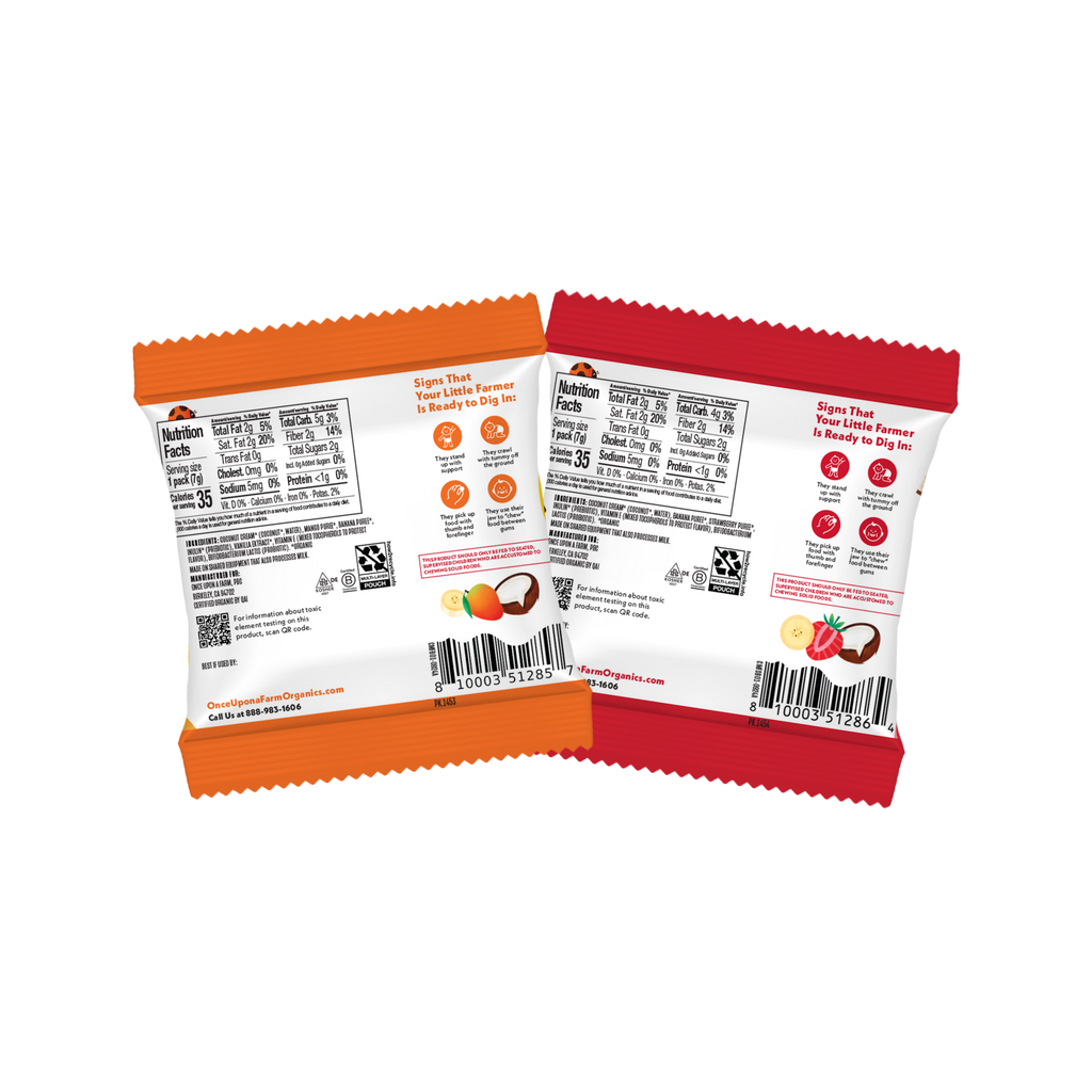 Back of two packages of Once Upon a Farm coconut melts on a white background. Mango Ba-nilla and Strawberry Banana.