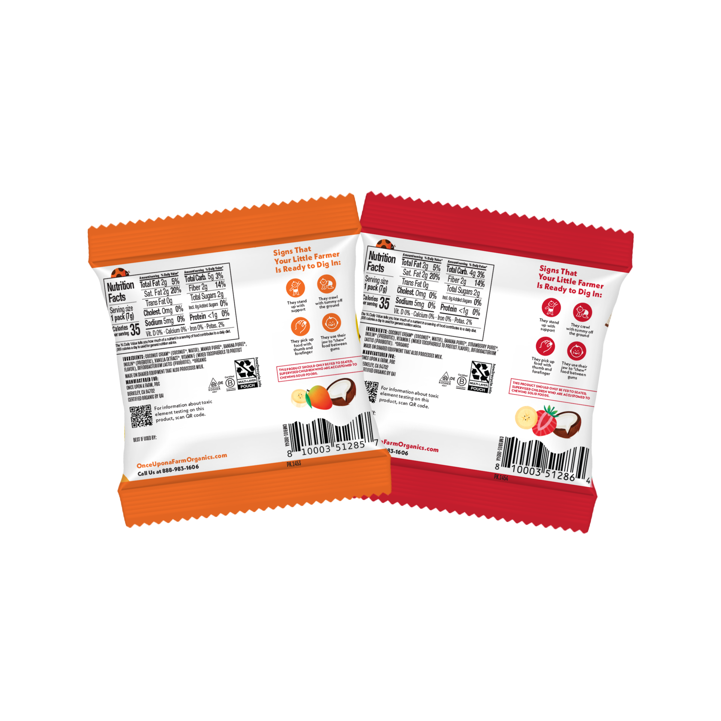 Back of two packages of Once Upon a Farm coconut melts on a white background. Mango Ba-nilla and Strawberry Banana.
