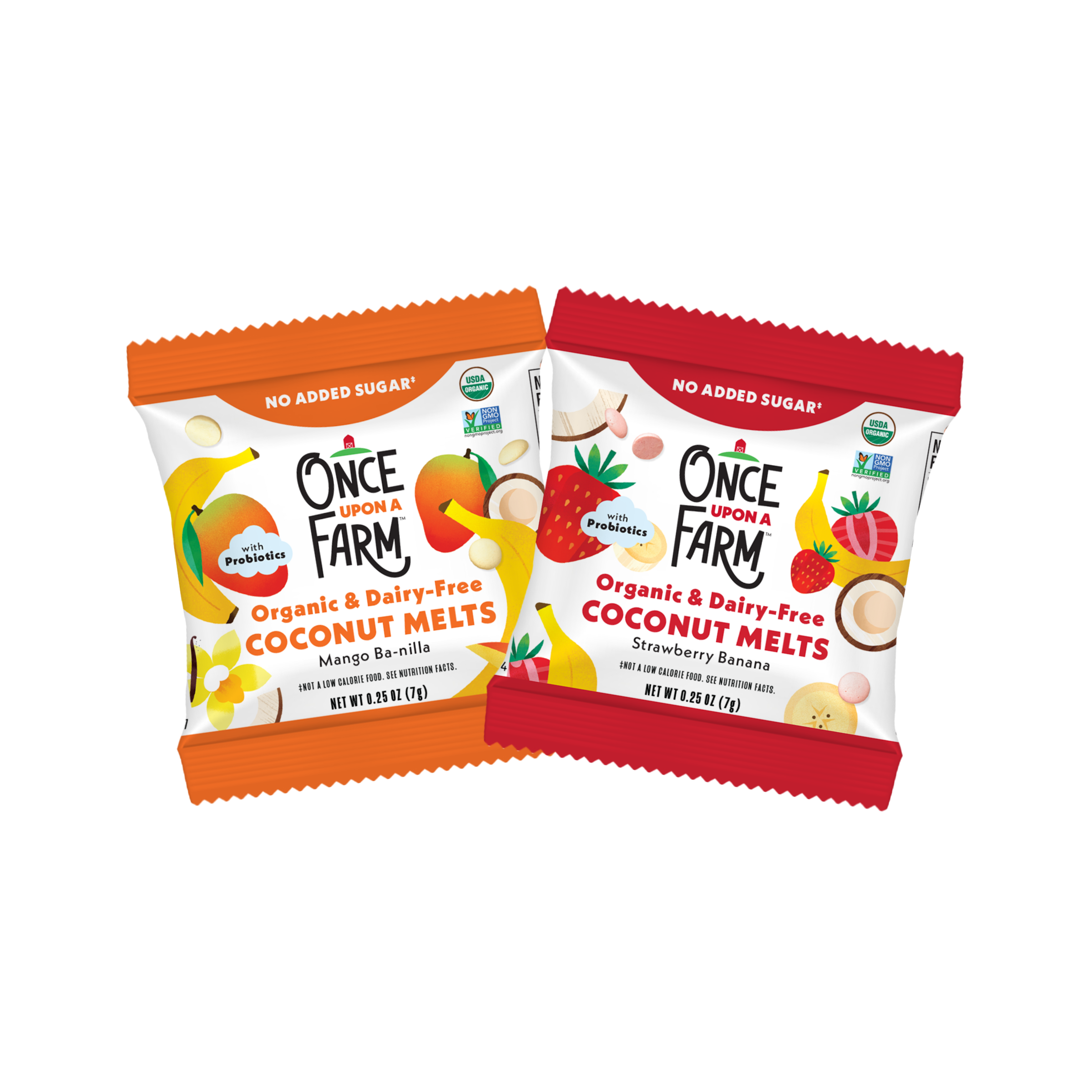 Front of two packages of Once Upon a Farm coconut melts on a white background. Mango Ba-nilla and Strawberry Banana.