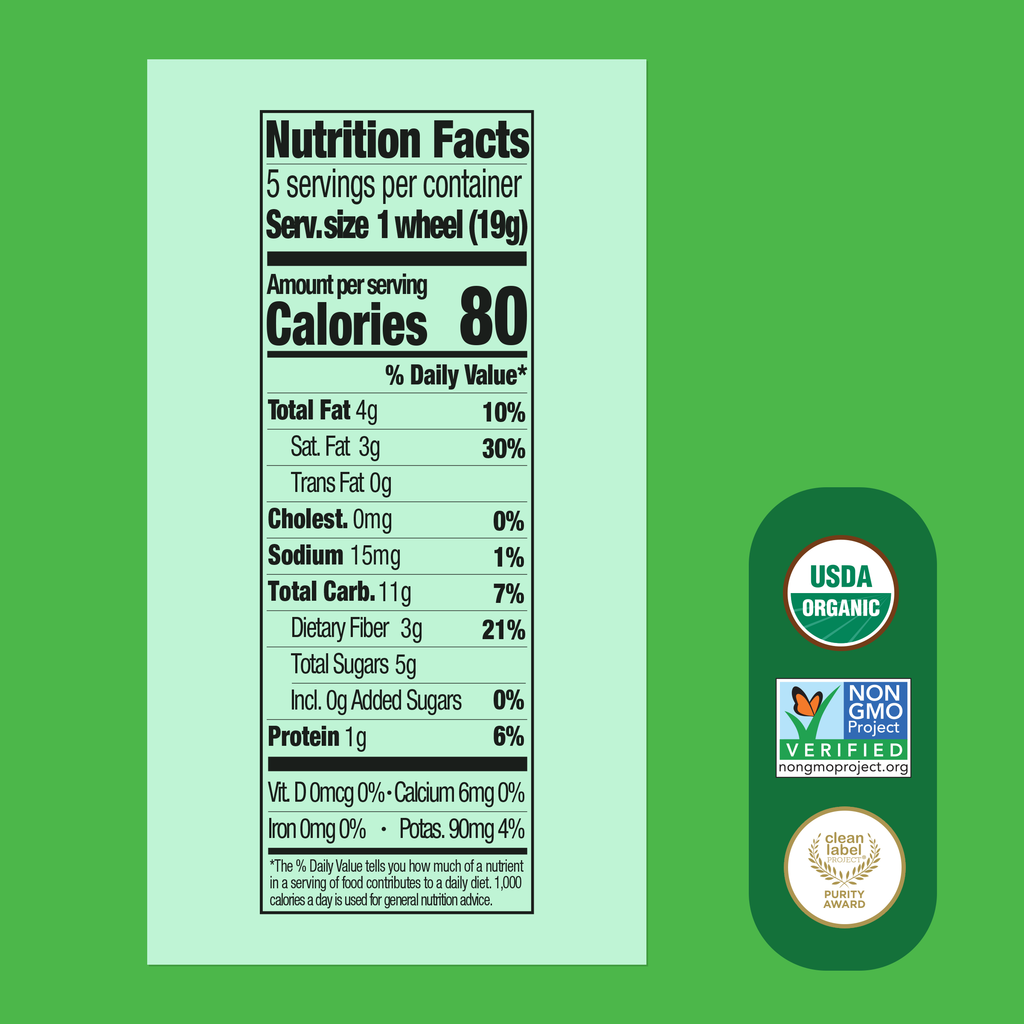 Nutrition facts label with organic and non-GMO project logos on a green background