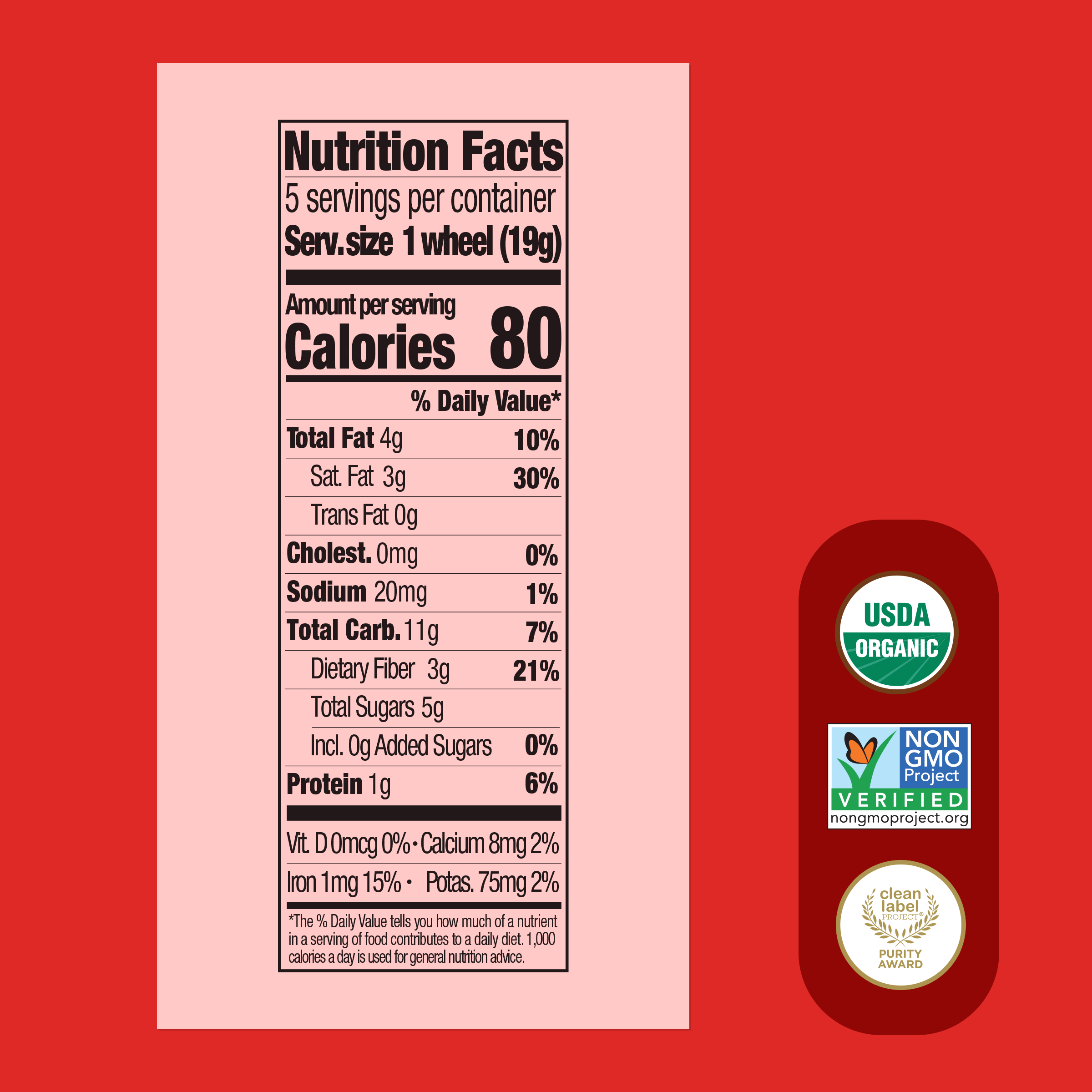 Nutrition facts label on a pink background with USDA Organic and Non-GMO Project Verified logos.