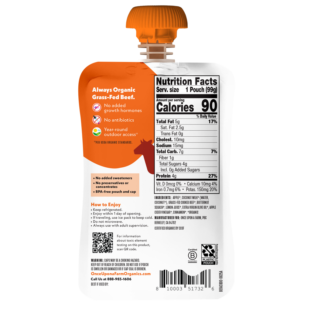 Once Upon a Farm Apple, Coconut Milk, Beef, Butternut Squash Organic Baby Food Pouch, 3.5oz. Back of Pouch. 