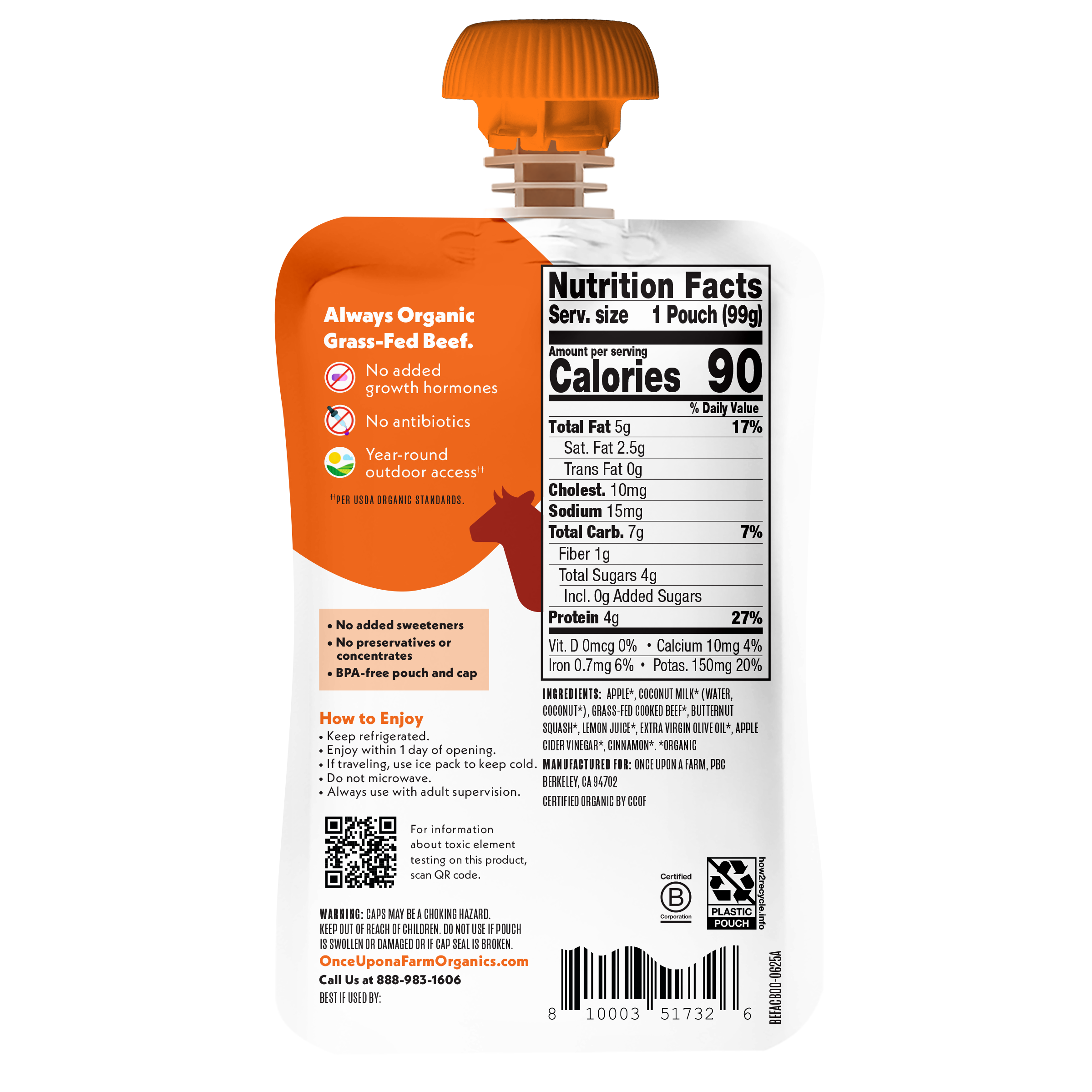 Once Upon a Farm Apple, Coconut Milk, Beef, Butternut Squash Organic Baby Food Pouch, 3.5oz. Back of Pouch. 
