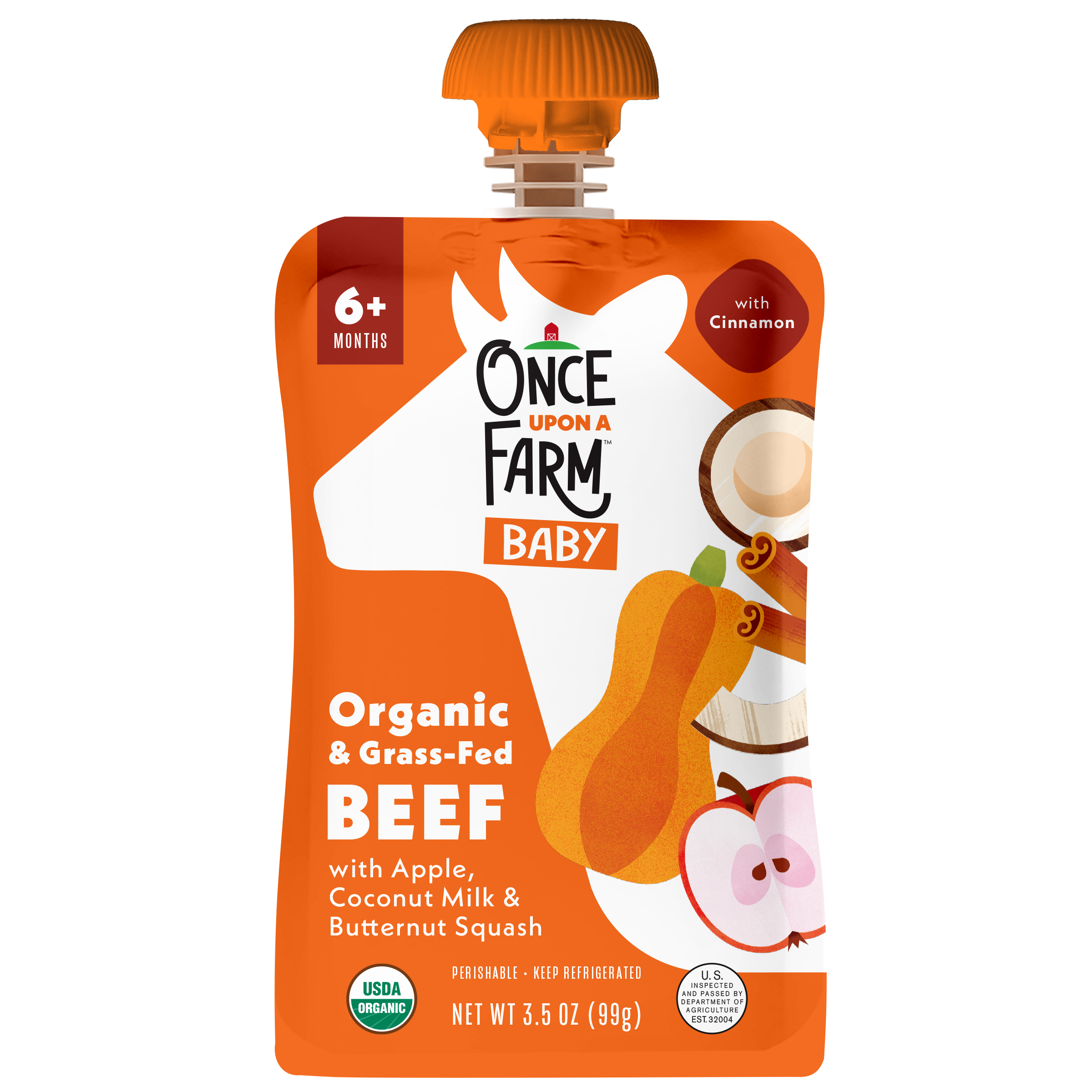 Once Upon a Farm Apple, Coconut Milk, Beef, Butternut Squash Organic Baby Food Pouch, 3.5oz. Front of Pouch. 