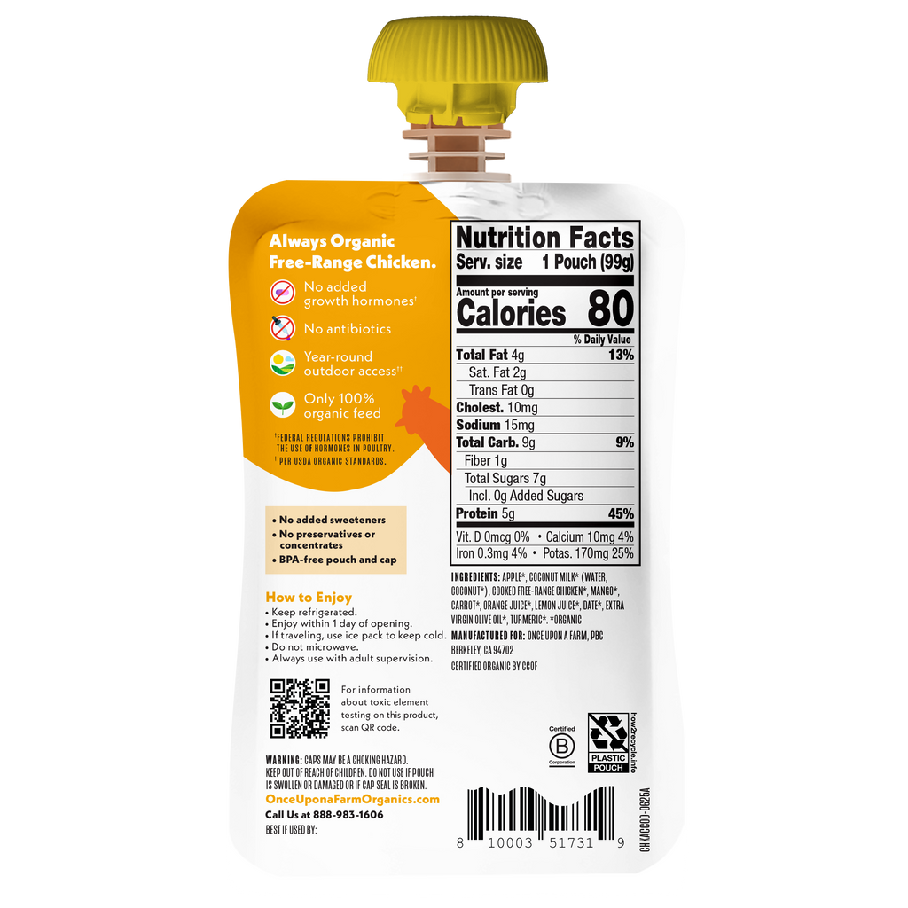 Once Upon a Farm Apple, Coconut Milk, Chicken, Mango Organic Baby Food Pouch, 3.5oz. Back of Pouch. 