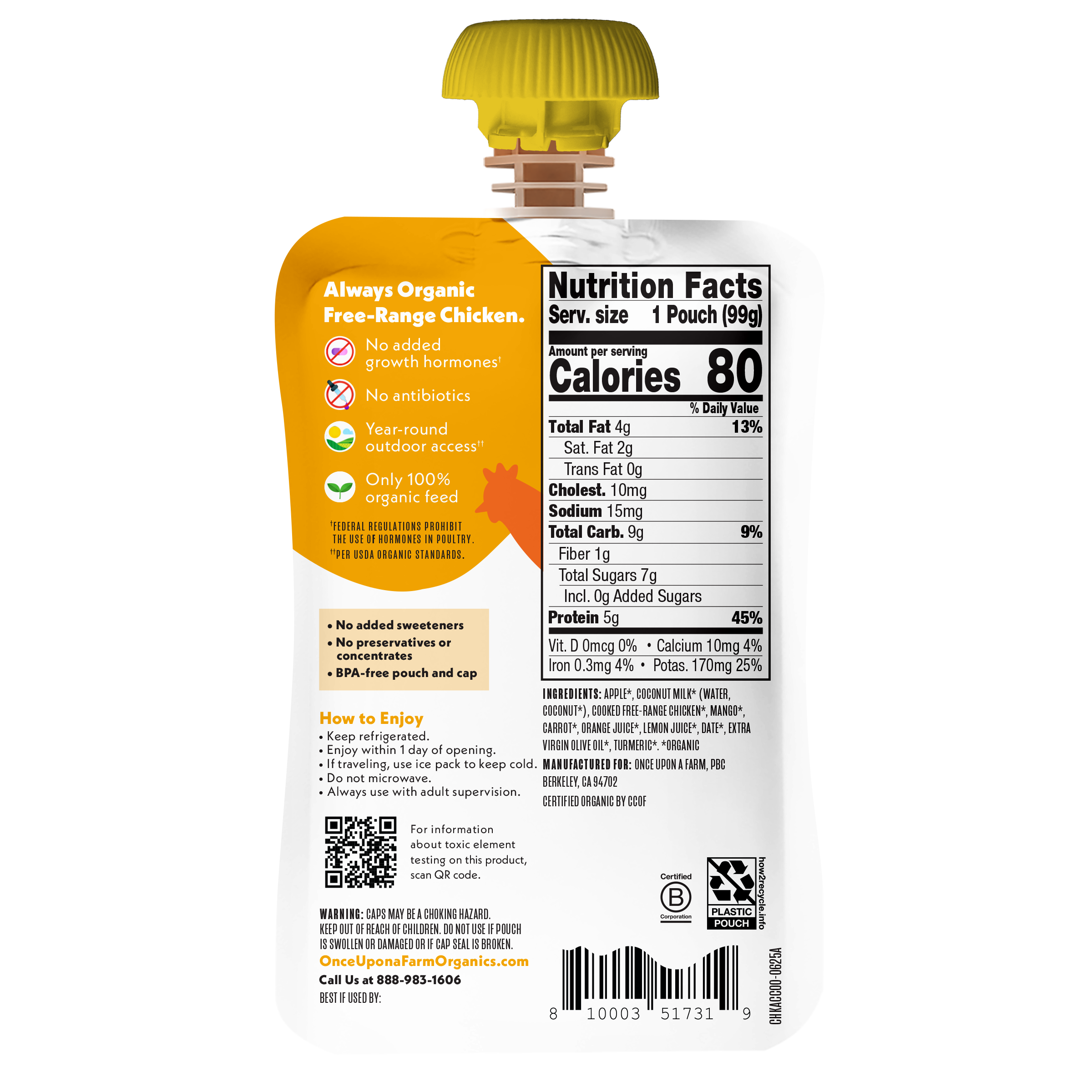 Once Upon a Farm Apple, Coconut Milk, Chicken, Mango Organic Baby Food Pouch, 3.5oz. Back of Pouch. 