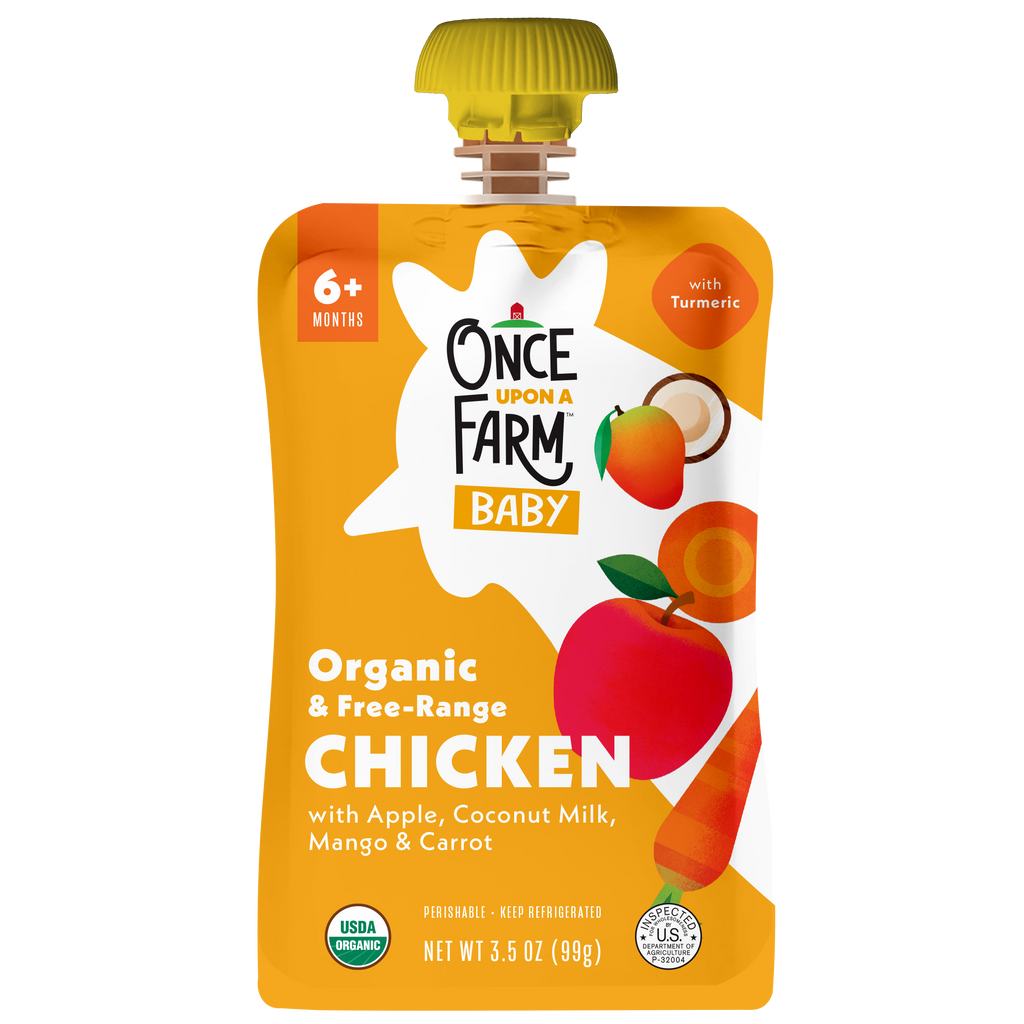 Once Upon a Farm Apple, Coconut Milk, Chicken, Mango Organic Baby Food Pouch, 3.5oz. Front of Pouch. 