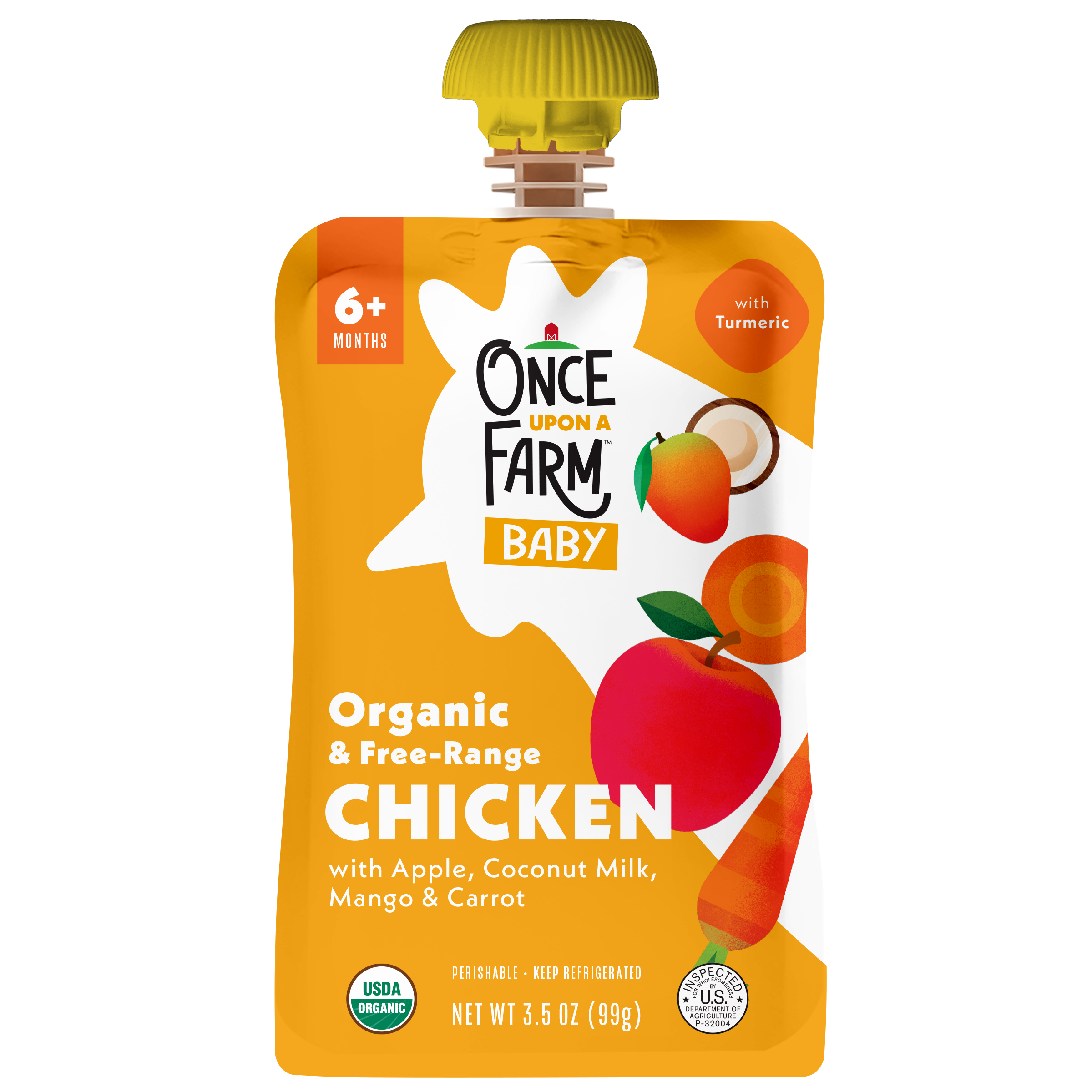 Once Upon a Farm Apple, Coconut Milk, Chicken, Mango Organic Baby Food Pouch, 3.5oz. Front of Pouch. 