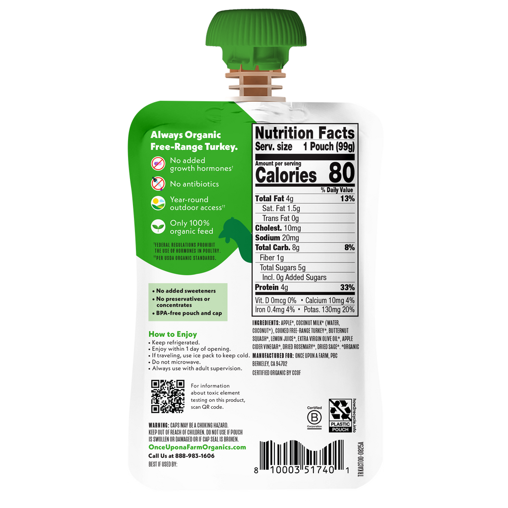 Once Upon a Farm Apple, Coconut Milk, Turkey, Butternut Squash Organic Baby Food Pouch, 3.5oz. Back of Pouch. 
