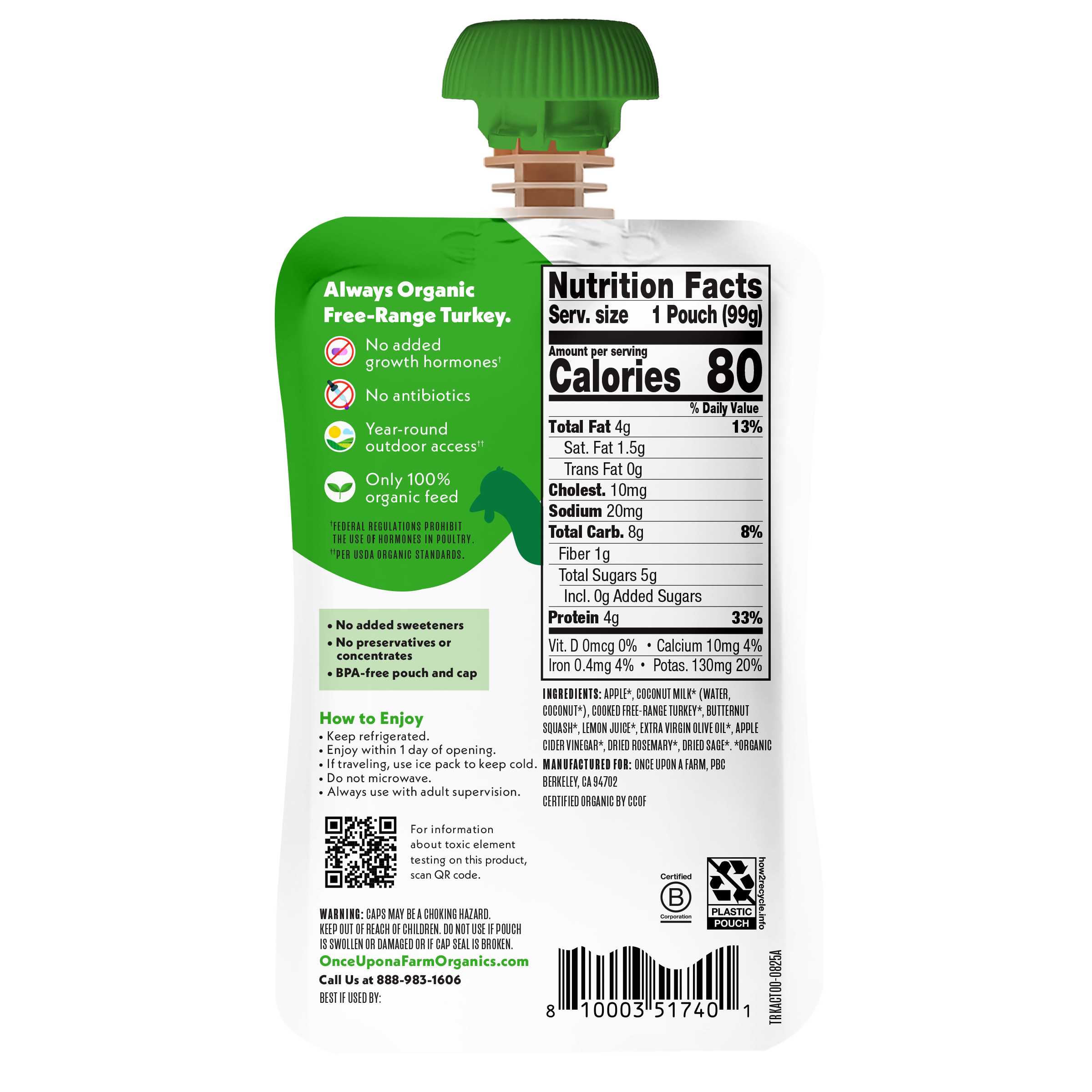 Once Upon a Farm Apple, Coconut Milk, Turkey, Butternut Squash Organic Baby Food Pouch, 3.5oz. Back of Pouch. 