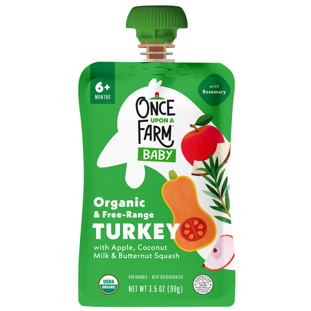 Once Upon a Farm Apple, Coconut Milk, Turkey, Butternut Squash Organic Baby Food Pouch, 3.5oz. Front of Pouch. 