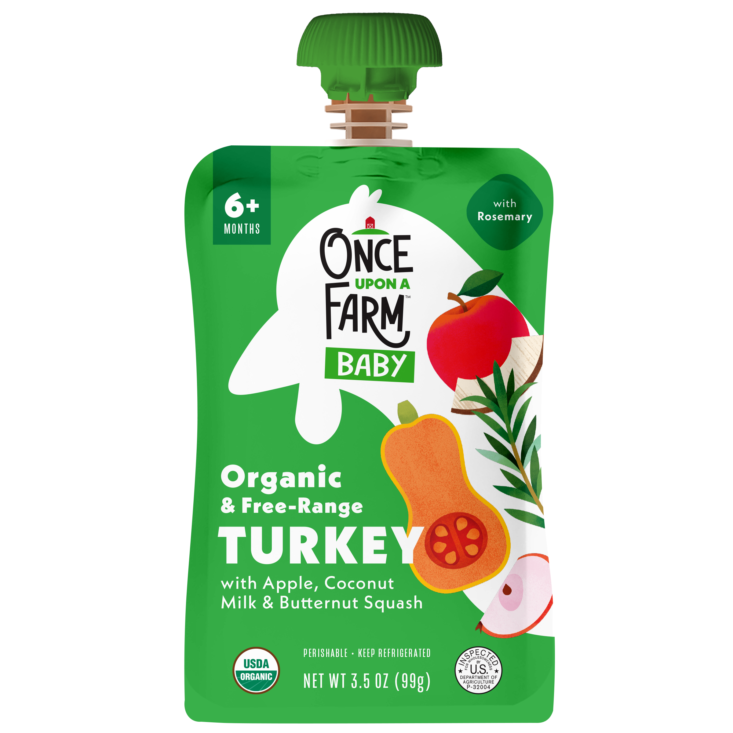 Once Upon a Farm Apple, Coconut Milk, Turkey, Butternut Squash Organic Baby Food Pouch, 3.5oz. Front of Pouch. 