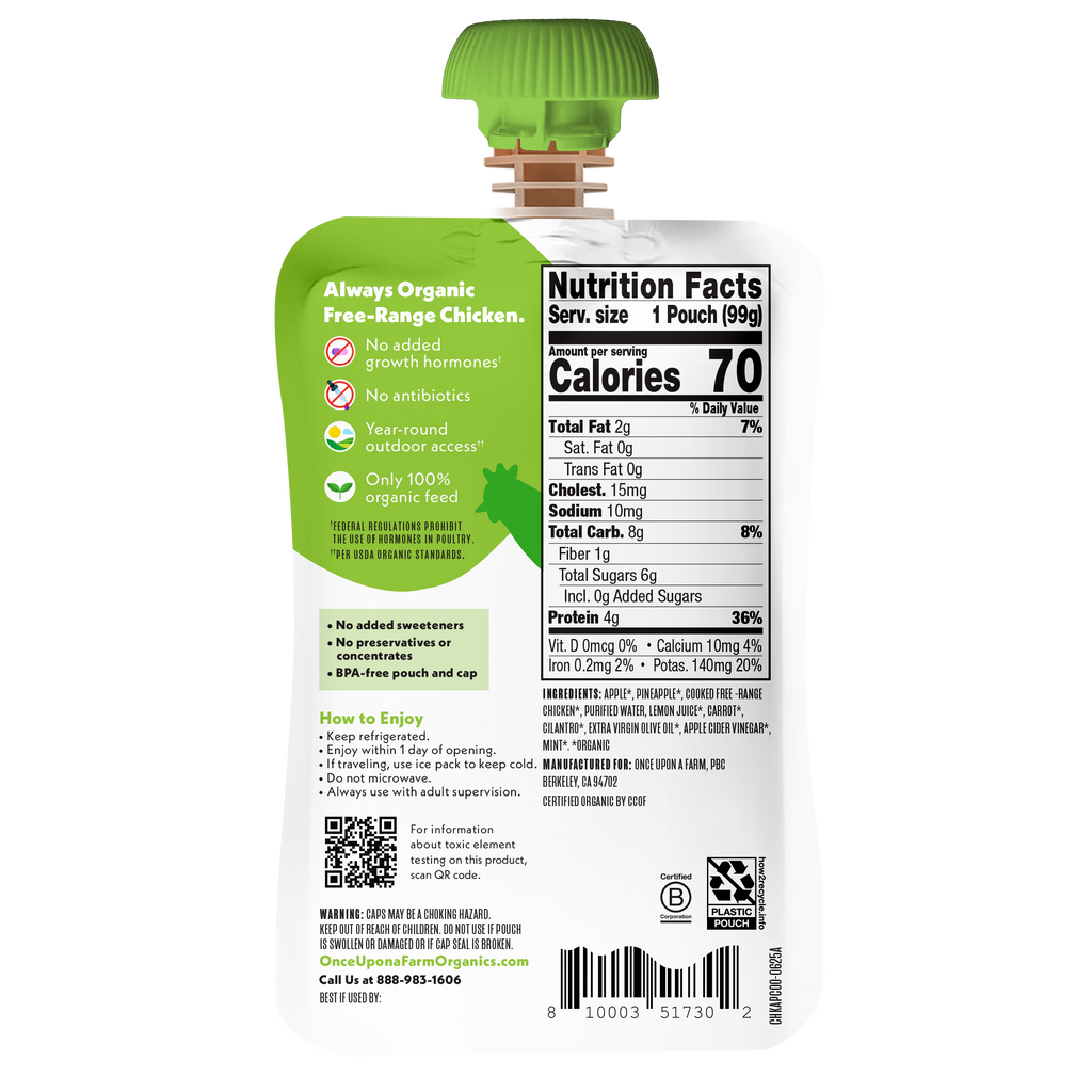 Once Upon a Farm Apple, Pineapple, Chicken, Carrot Organic Baby Food Pouch, 3.5oz. Back of Pouch. 