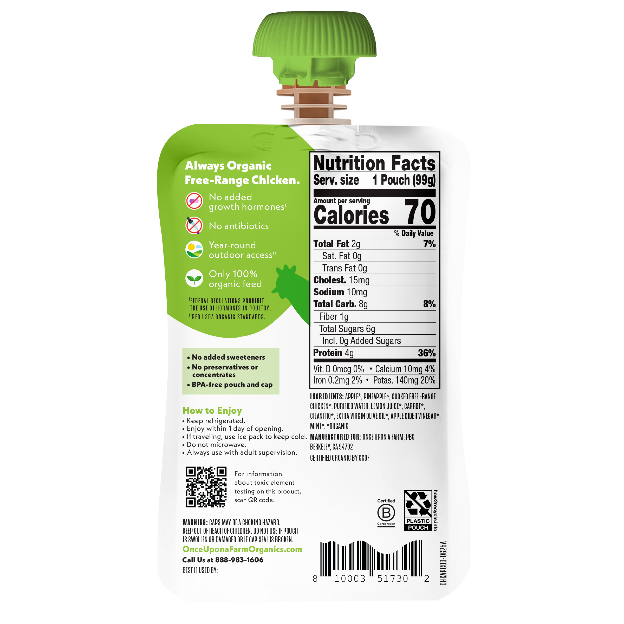 Once Upon a Farm Apple, Pineapple, Chicken, Carrot Organic Baby Food Pouch, 3.5oz. Back of Pouch. 