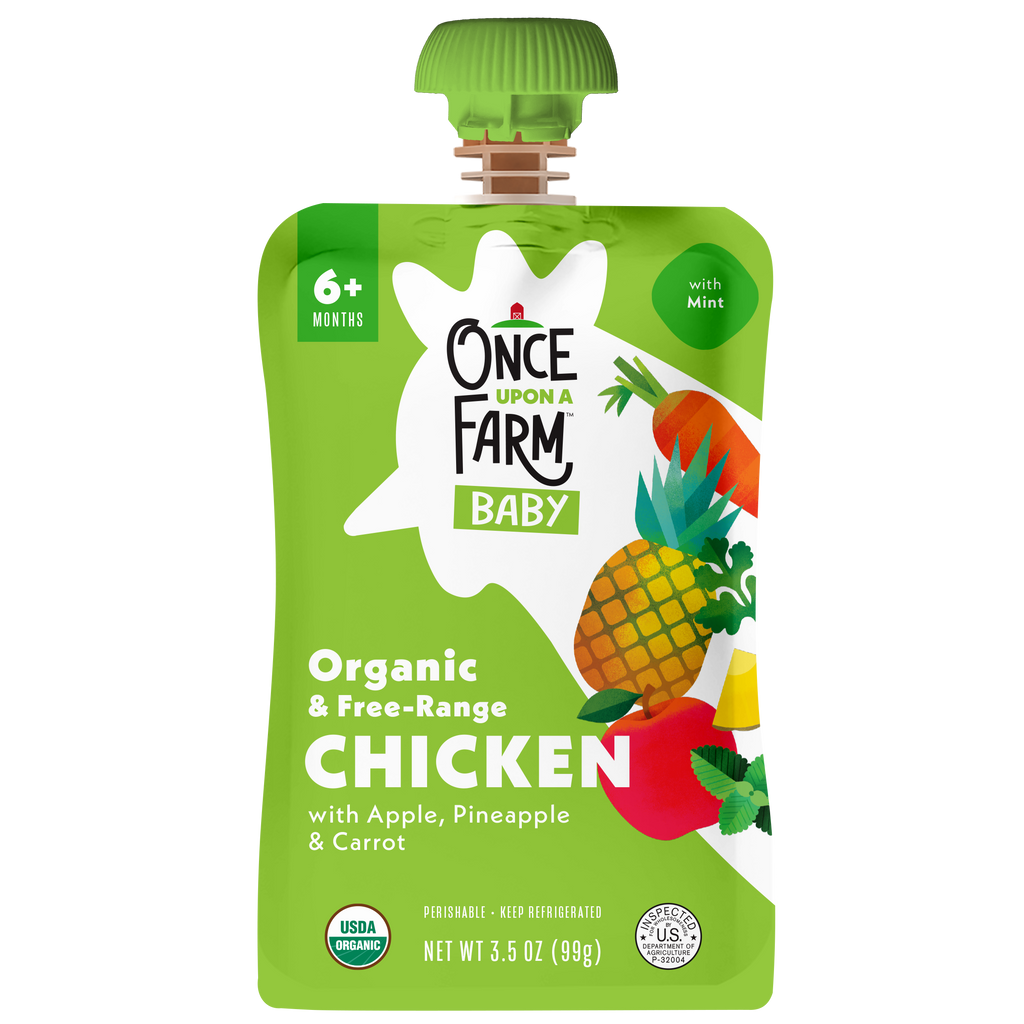 Once Upon a Farm Apple, Pineapple, Chicken, Carrot Organic Baby Food Pouch, 3.5oz. Front of Pouch. 