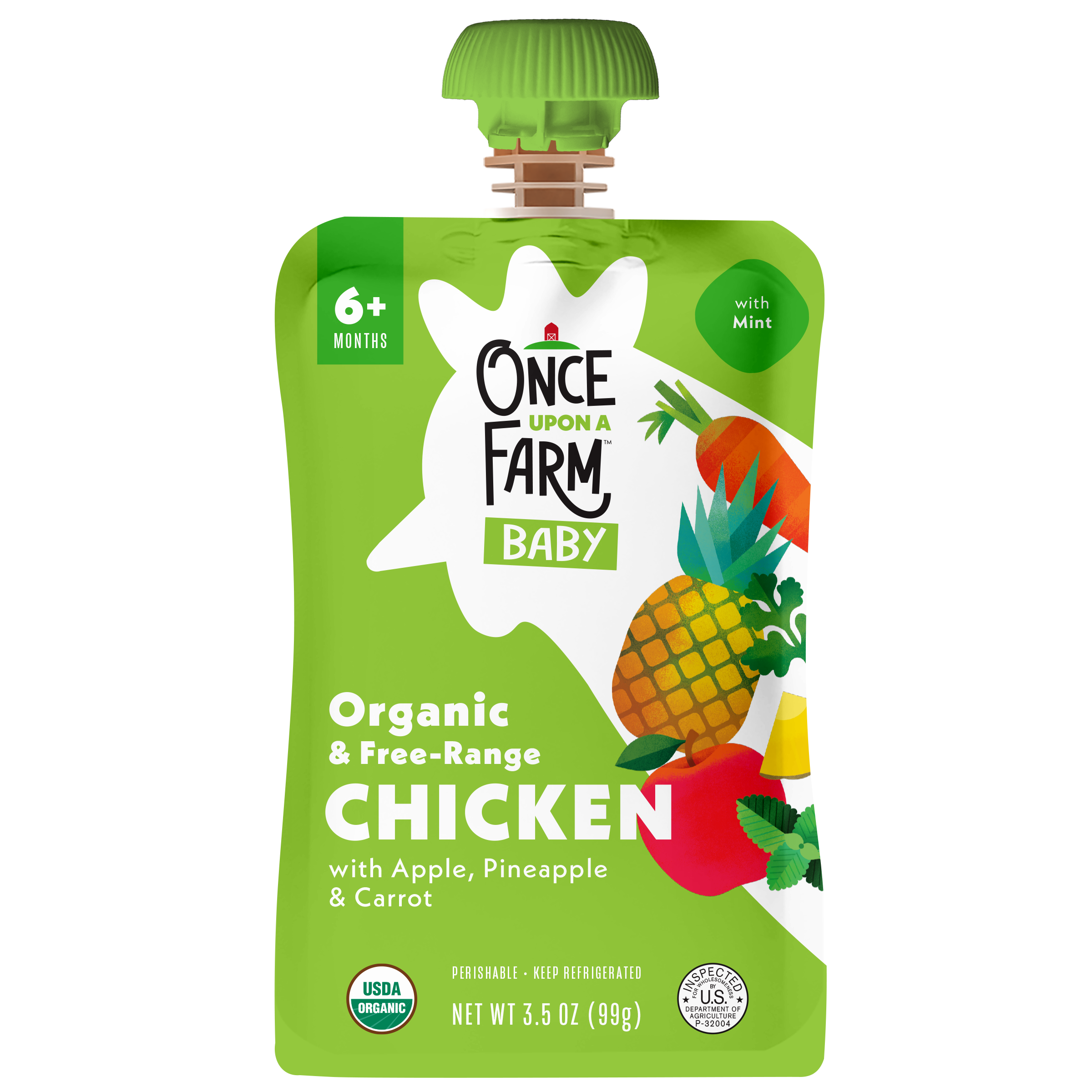 Once Upon a Farm Apple, Pineapple, Chicken, Carrot Organic Baby Food Pouch, 3.5oz. Front of Pouch. 