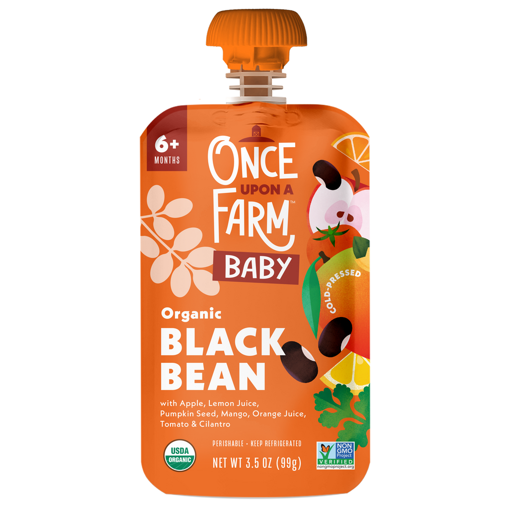 Once Upon A Farm Black Bean, Apple, Pumpkin Seed & Mango Plant Protein front of pouch.