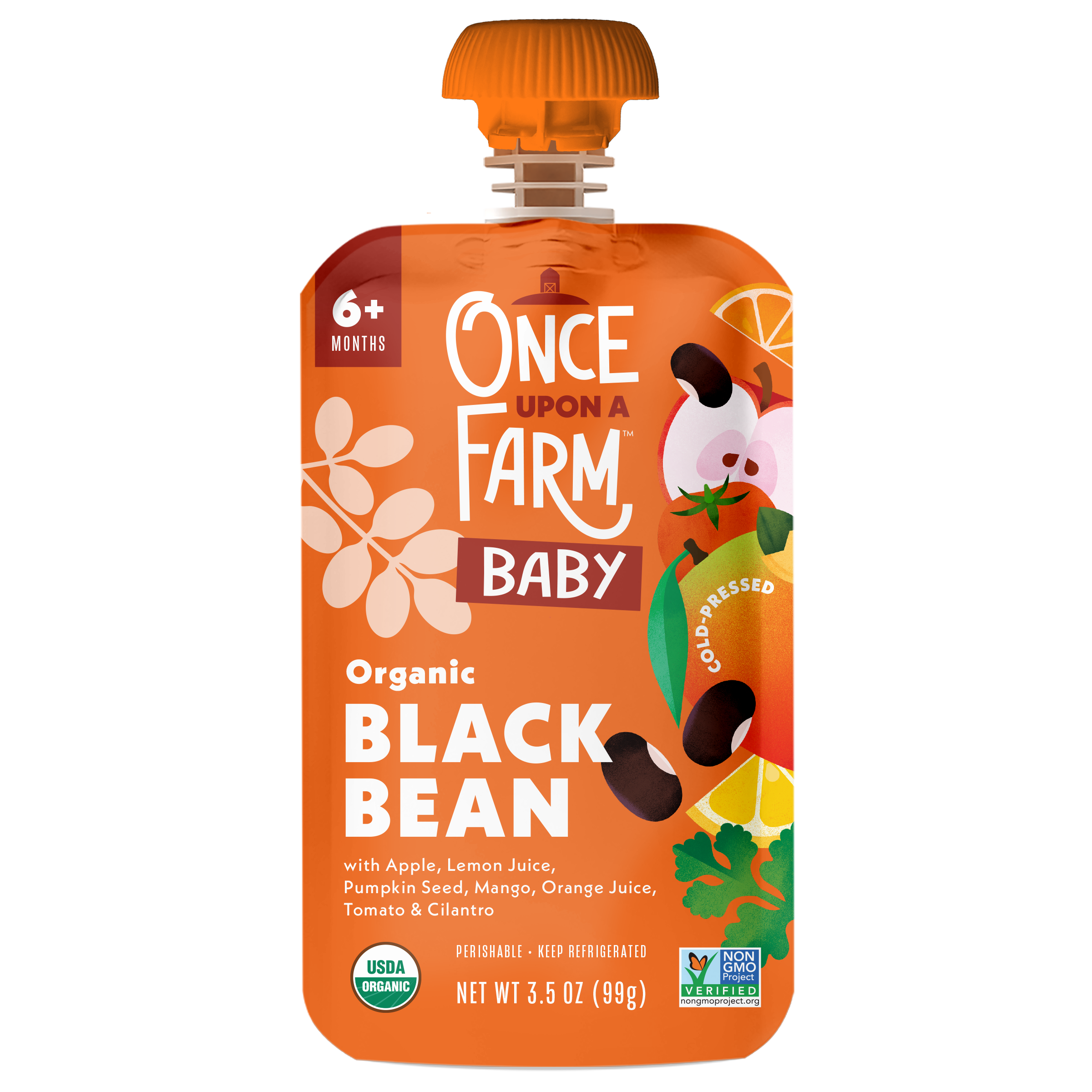 Once Upon A Farm Black Bean, Apple, Pumpkin Seed & Mango Plant Protein front of pouch.