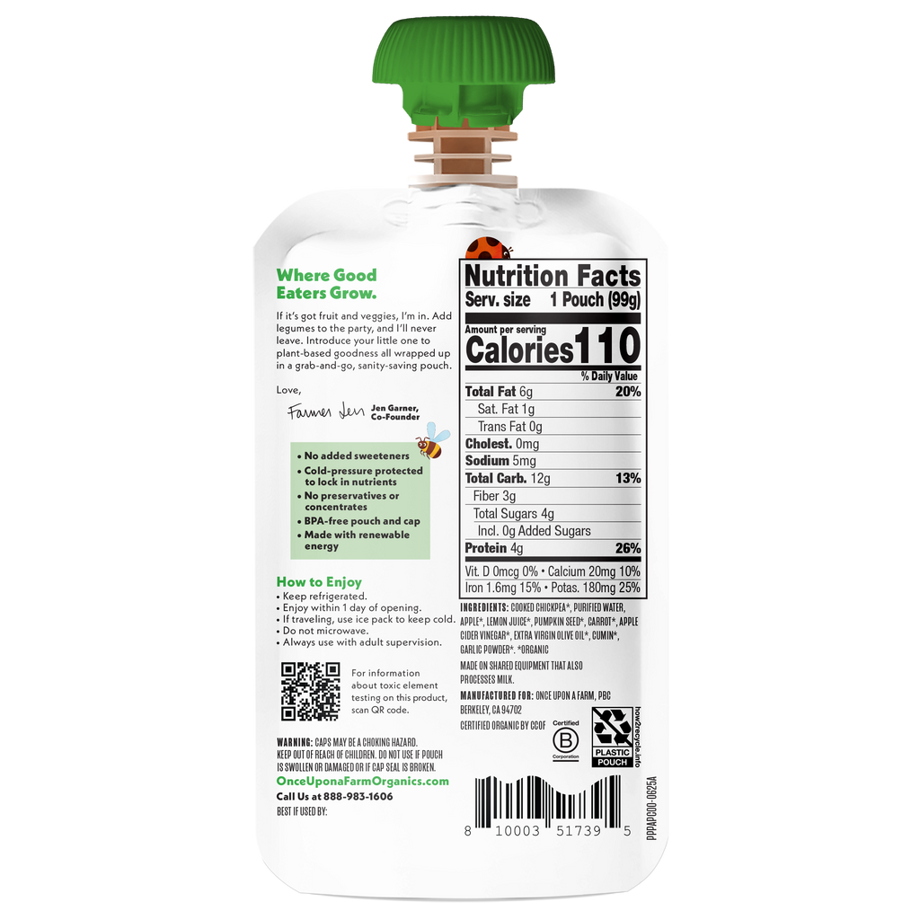 Once Upon A Farm Chickpea, Apple, Pumpkin Seed & Cauliflower Plant Protein back of pouch.