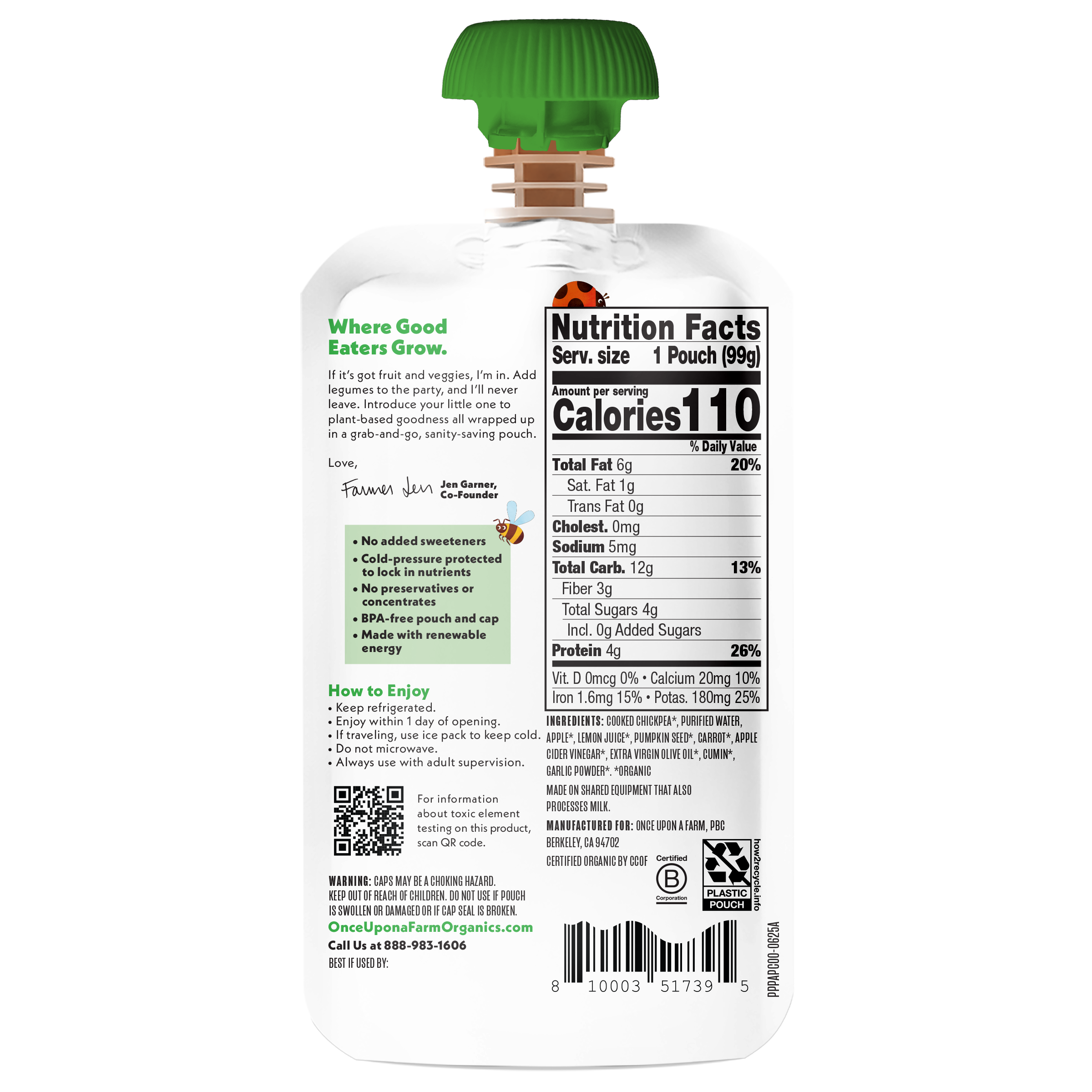 Once Upon A Farm Chickpea, Apple, Pumpkin Seed & Cauliflower Plant Protein back of pouch.
