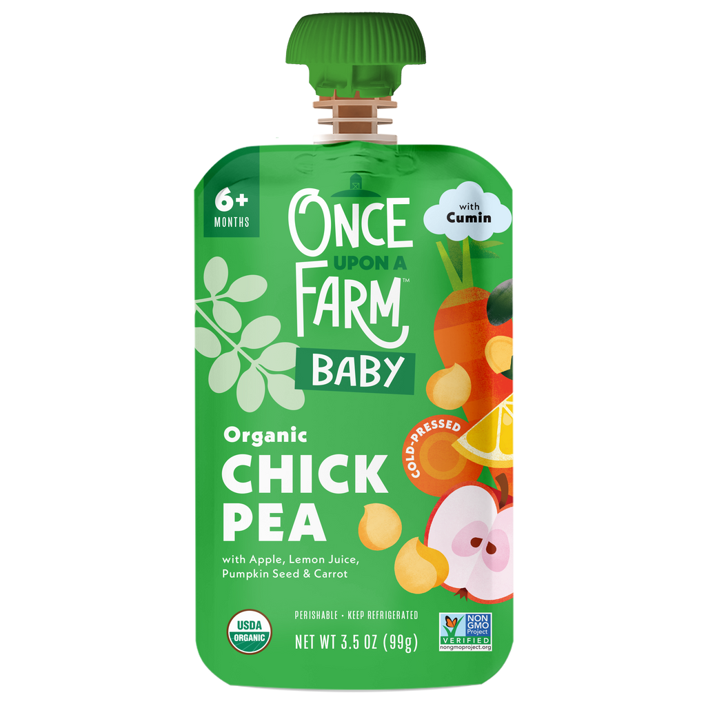 Once Upon A Farm Chickpea, Apple, Pumpkin Seed & Cauliflower Plant Protein front of pouch.