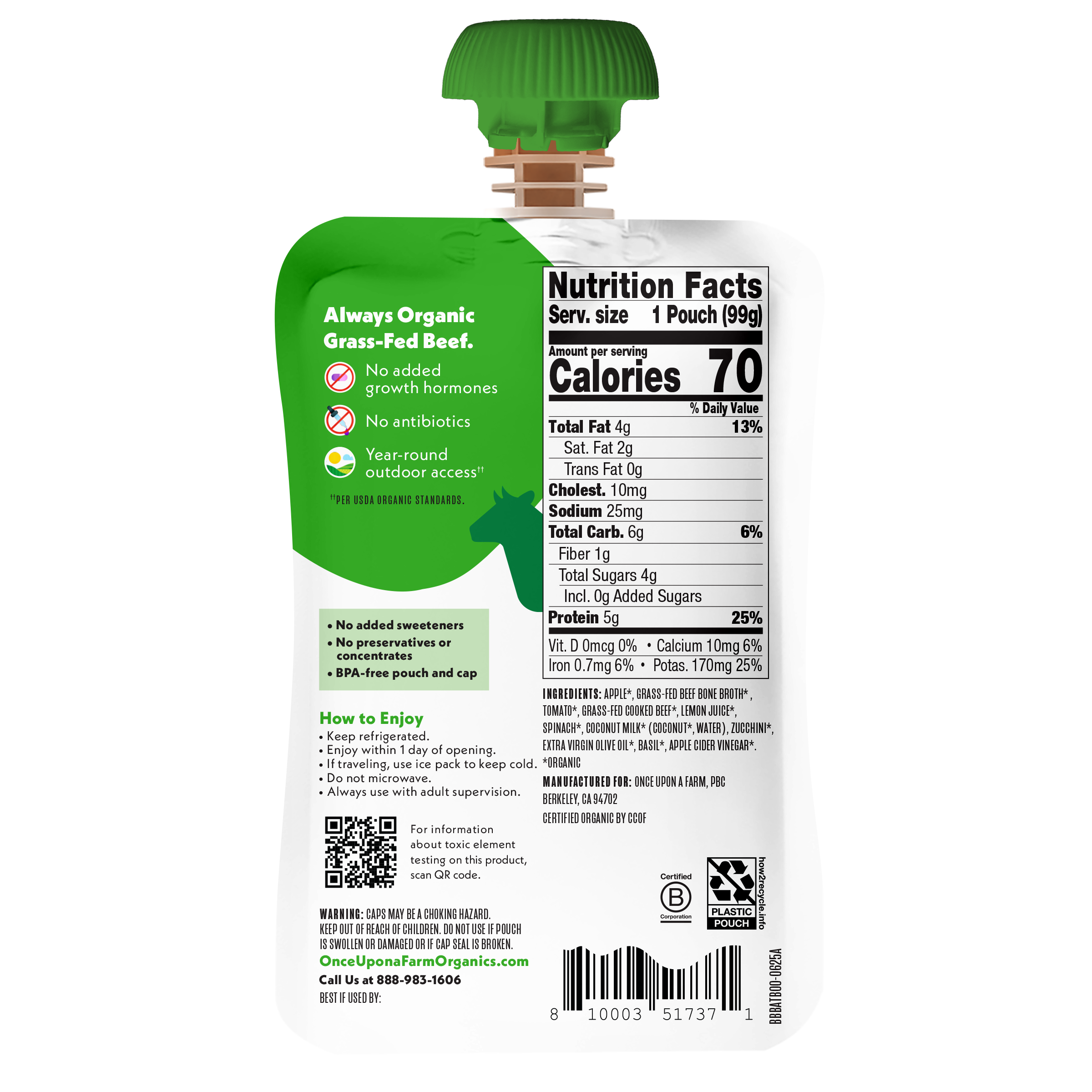 Once Upon a Farm Apple, Beef Bone Broth, Tomato, Spinach Organic Baby Food Pouch, 3.5oz. Back of pouch. 
