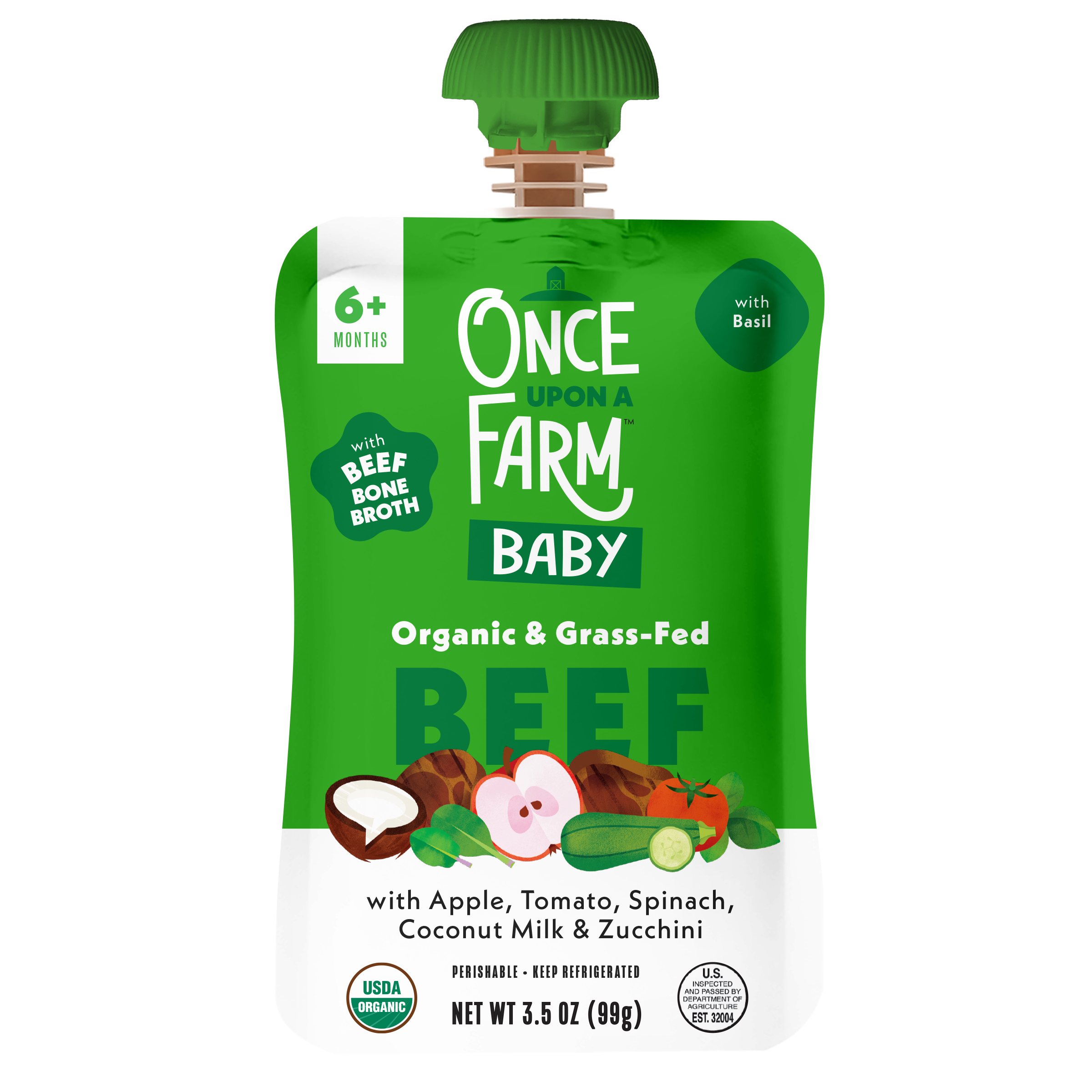 Once Upon a Farm Apple, Beef Bone Broth, Tomato, Spinach Organic Baby Food Pouch, 3.5oz. Front of pouch. 