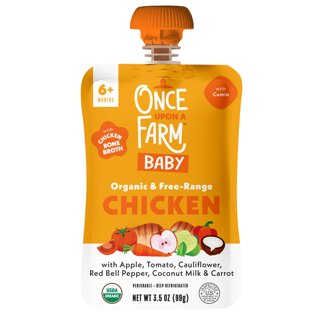 Once Upon a Farm Apple, Chicken Bone Broth, Tomato, Cauliflower Organic Baby Food Pouch, 3.5oz. Front of pouch.