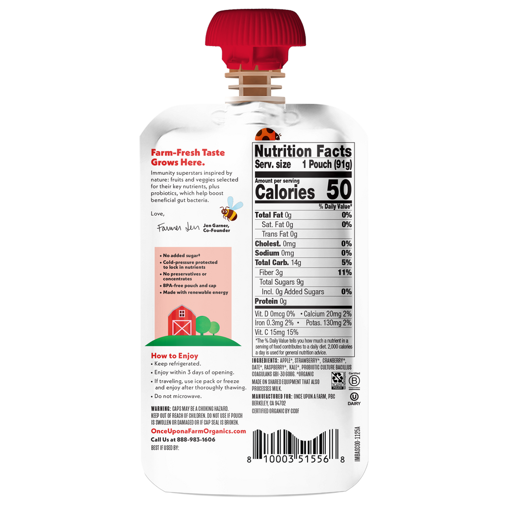 Back of a Cranberry Immunity Blend pouch with nutrition facts label and branding on a white background