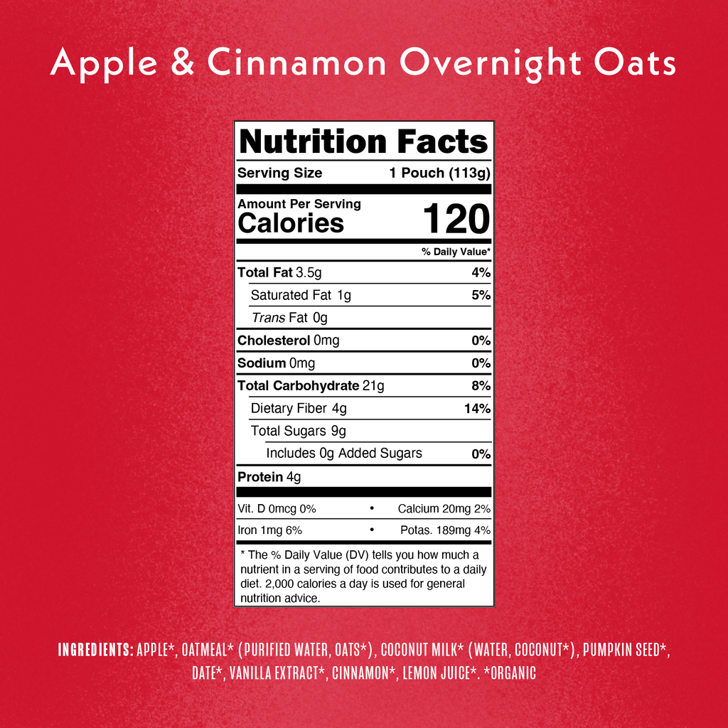 Once Upon a Farm Organic Overnight Oats Apple & Cinnamon Pouch, 4oz nutrition facts panel

