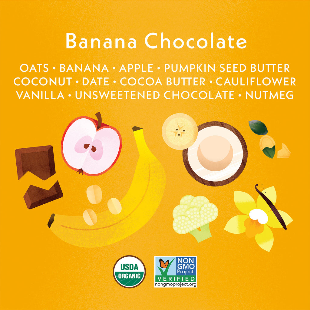 Oats, Banana, Apple, Pumpkin Seed Butter, Coconut, Date, Cocoa Butter, Cauliflower, Vanilla, Unsweetened Chocolate, Nutmeg. USDA ORGANIC & NON GMO PROJECT Icons