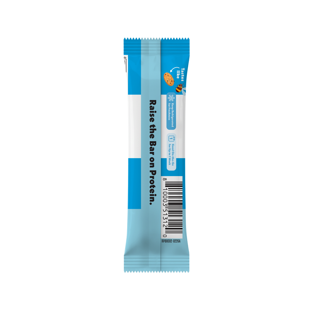 New Oatmeal Chocolate Refrigerated Protein bar packaging with blue and white design on a white background