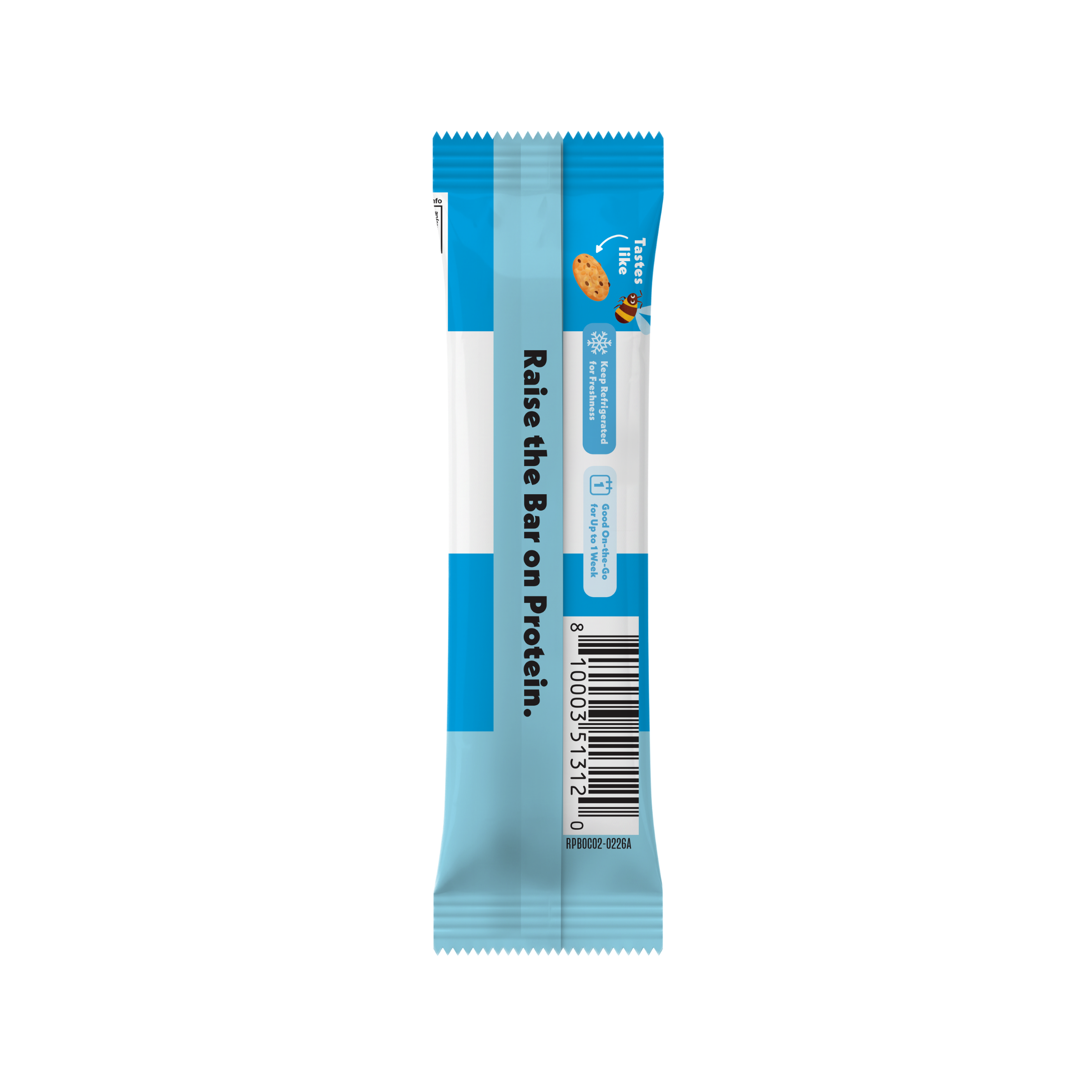 New Oatmeal Chocolate Refrigerated Protein bar packaging with blue and white design on a white background