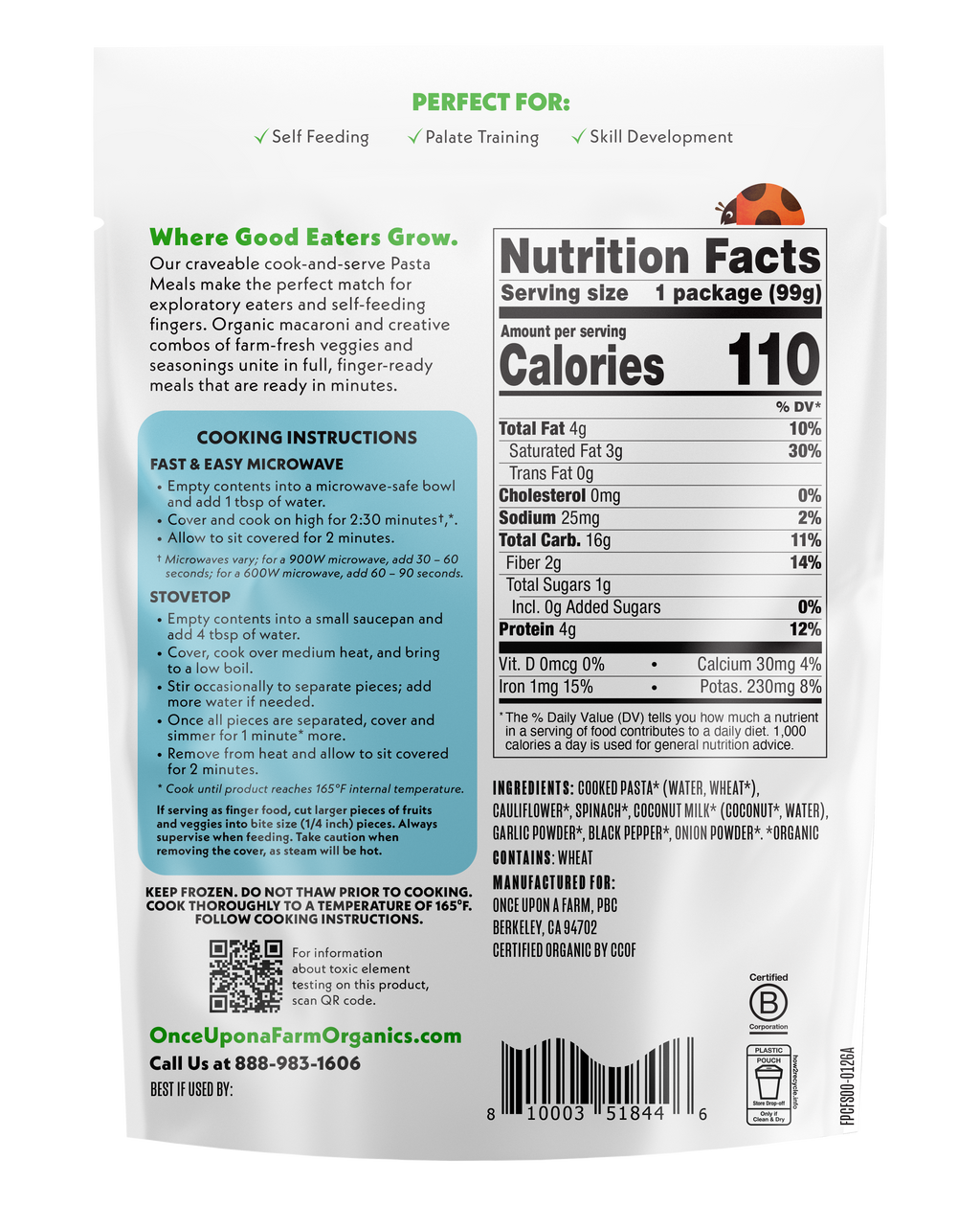 Cauli-fredo & Spinach frozen meal back of pack