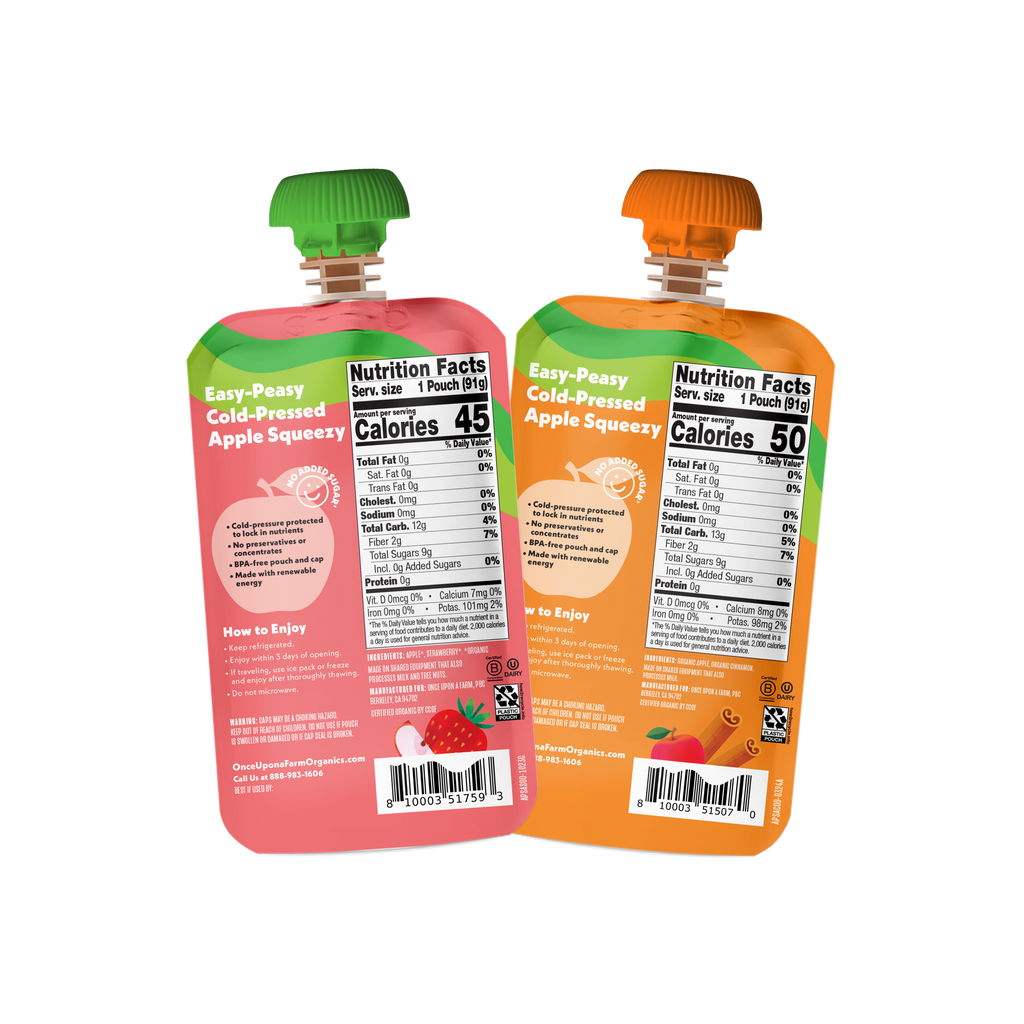Two pouches of Easy-Peasy Cold-Pressed Apple Squeesy juice shown from the back.