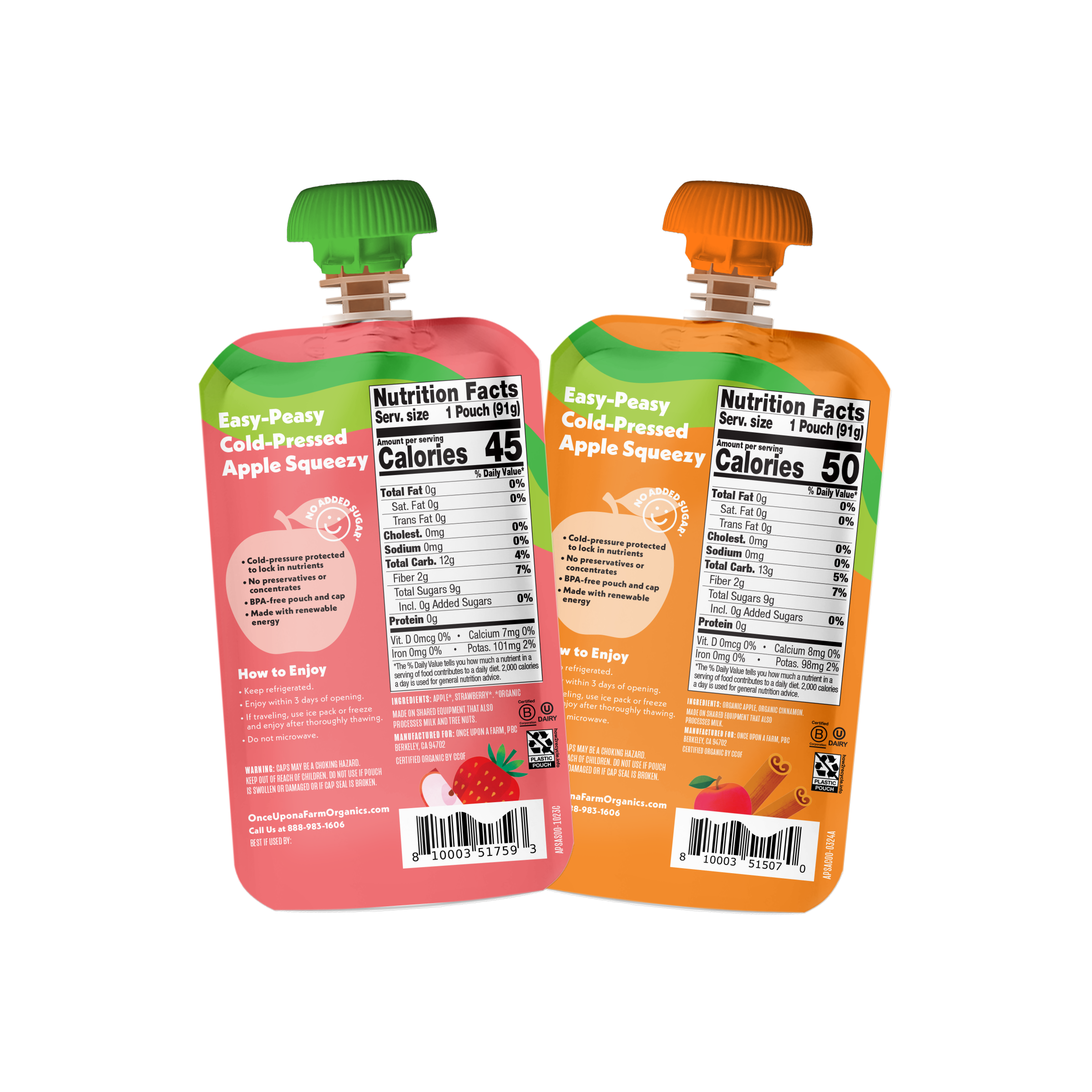 Two pouches of Easy-Peasy Cold-Pressed Apple Squeesy juice shown from the back.