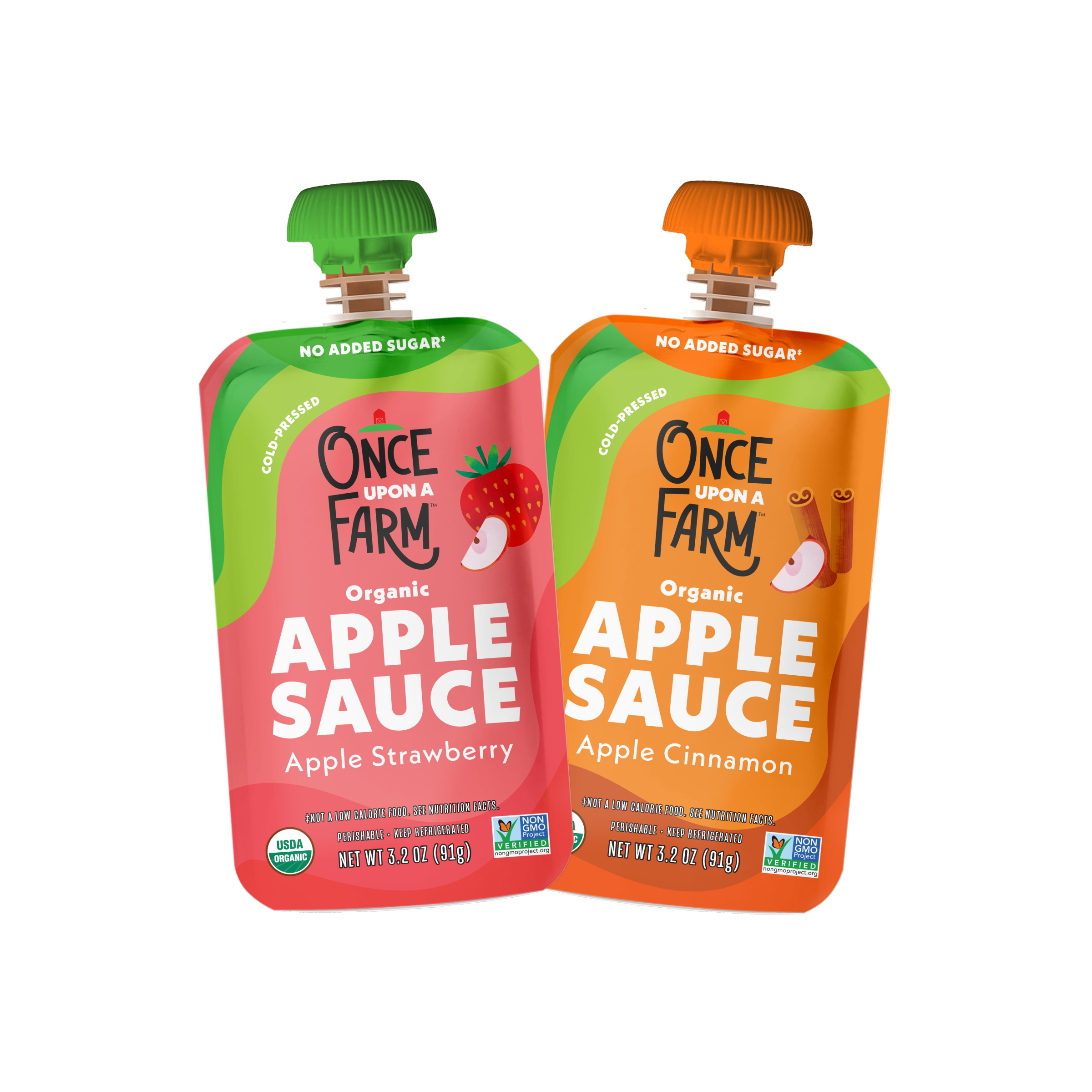 Two pouches of Once Upon a Farm Organic Apple Sauce are shown side by side on a plain white background. The left pouch is Apple Strawberry with a green cap and pink-red label, and the right pouch is Apple Cinnamon with an orange cap and orange label.