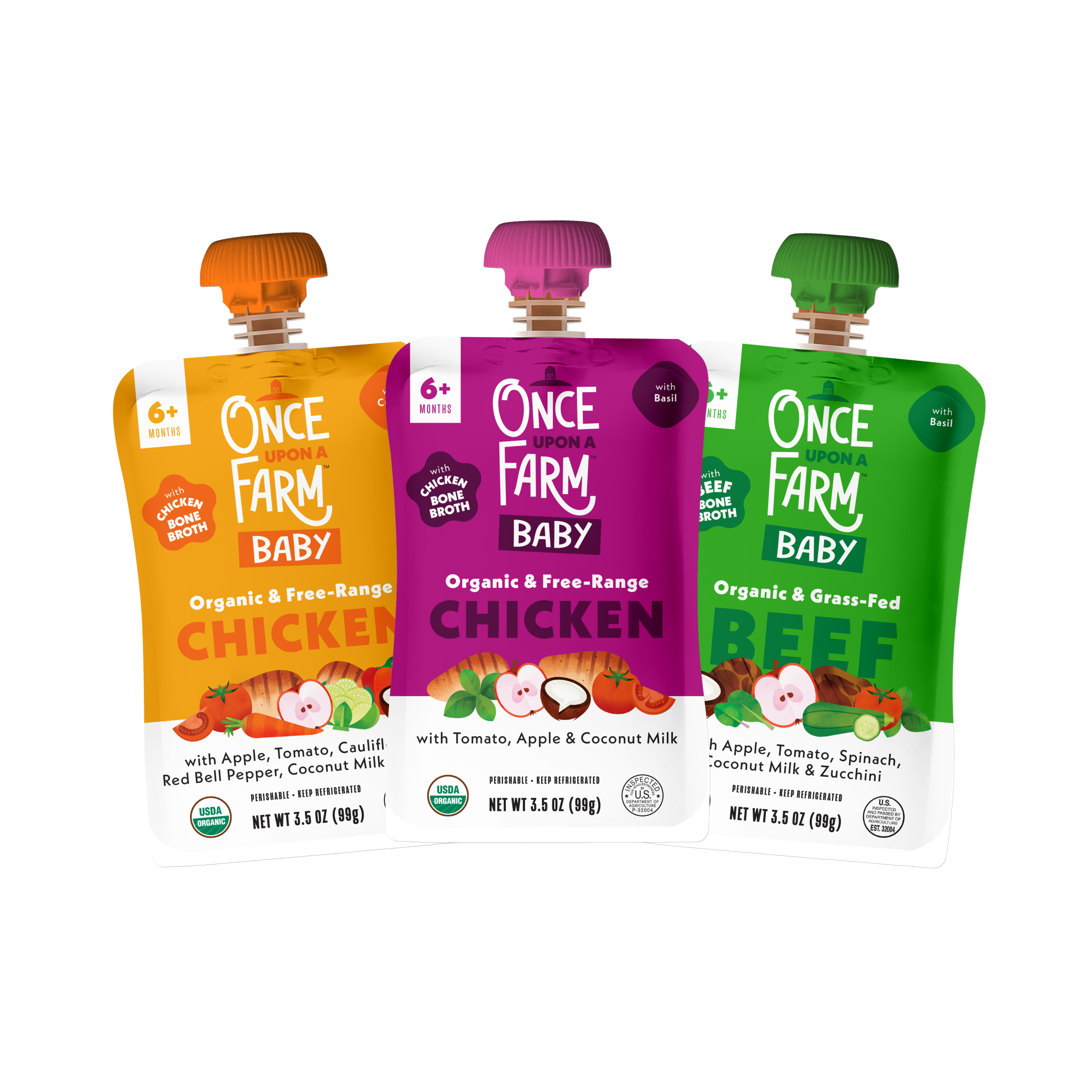 Three Once Farm Baby pouches of organic and free-range meats displayed side-by-side on a clean white background. 