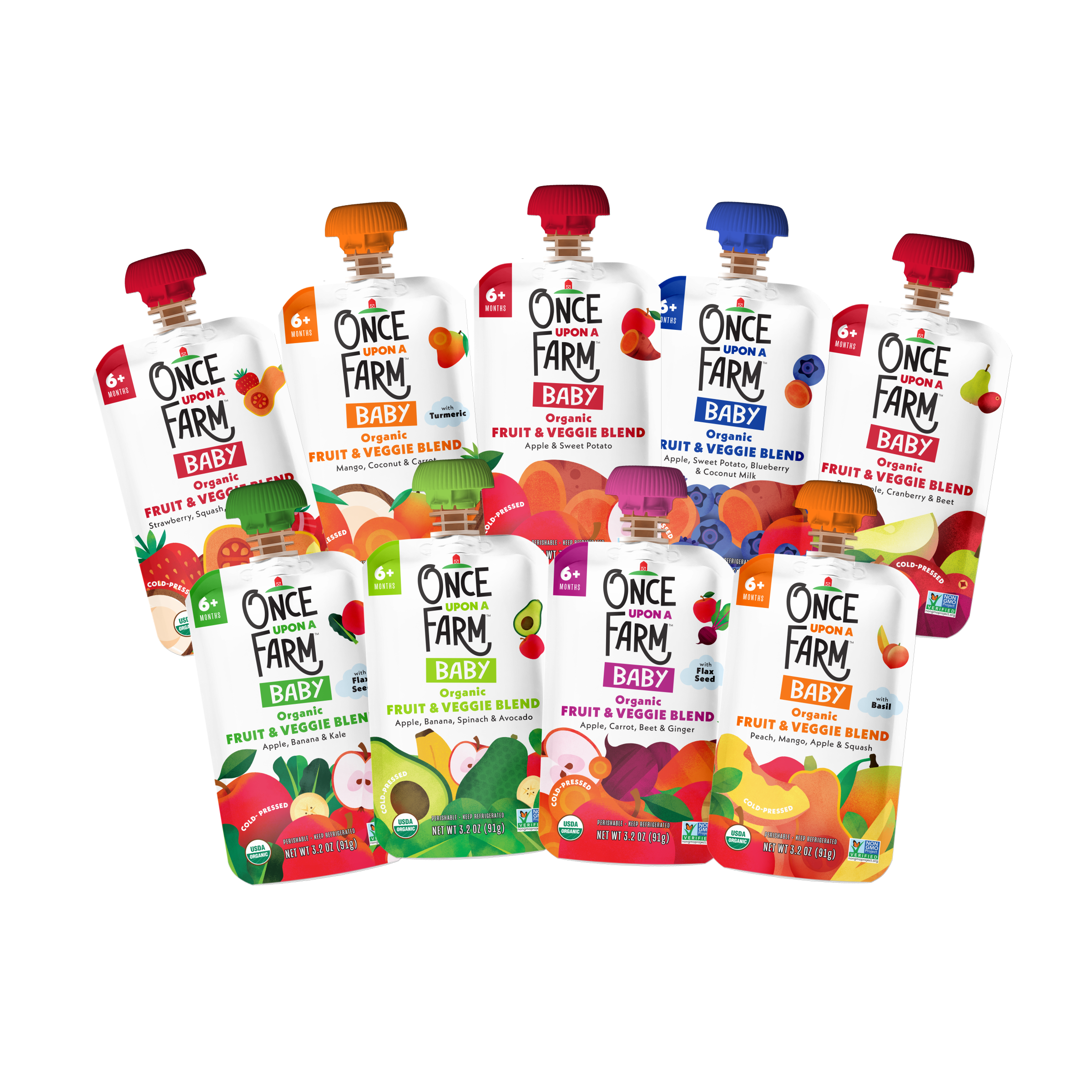 A group of Once Farm Baby fruit and veggie blend pouches arranged together on a plain white background. The packaging shows different fruit and vegetable flavor options with colorful illustrations and the Once Farm Baby branding.