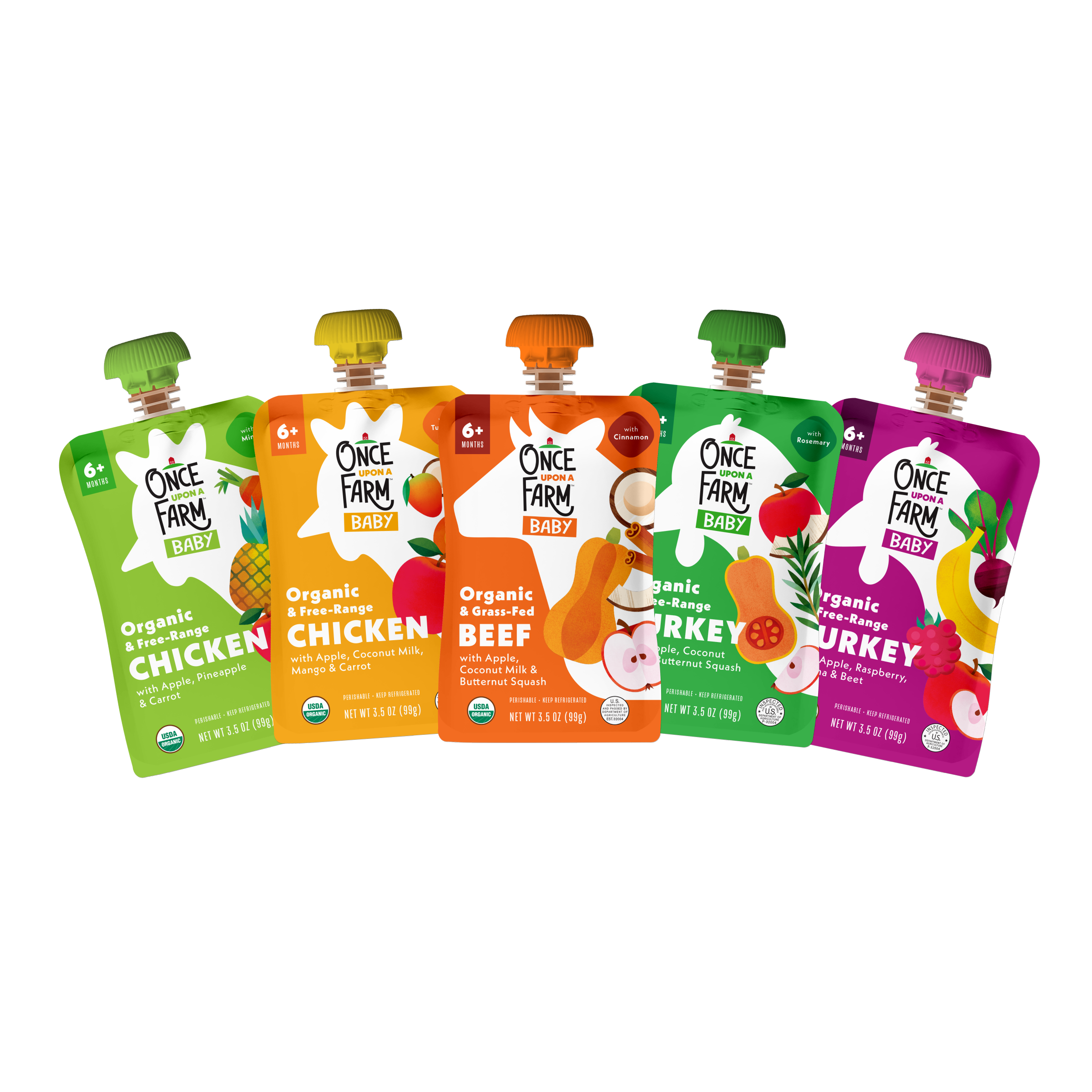 Five Once Farm Baby Meat Variety Pack pouches lined up on a white background, featuring Chicken, Beef, and Turkey flavors in green, orange, and purple packaging.