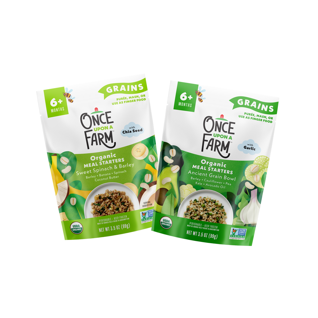 Front of packaging for Grain Meals Variety Pack. Sweet Spinach & Barley and Ancient Grain Bowl. 