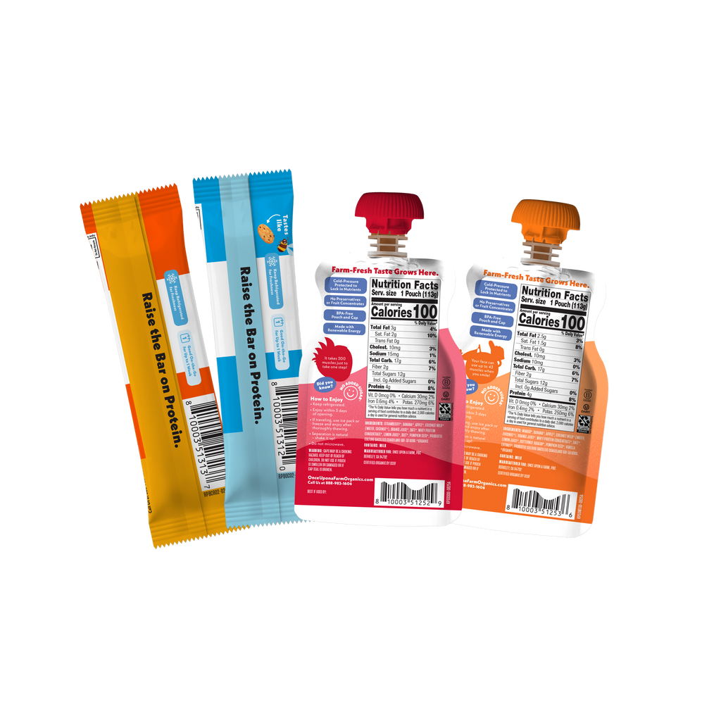 Two protein snack pouches and two wrapped protein bars displayed against a plain white background. 