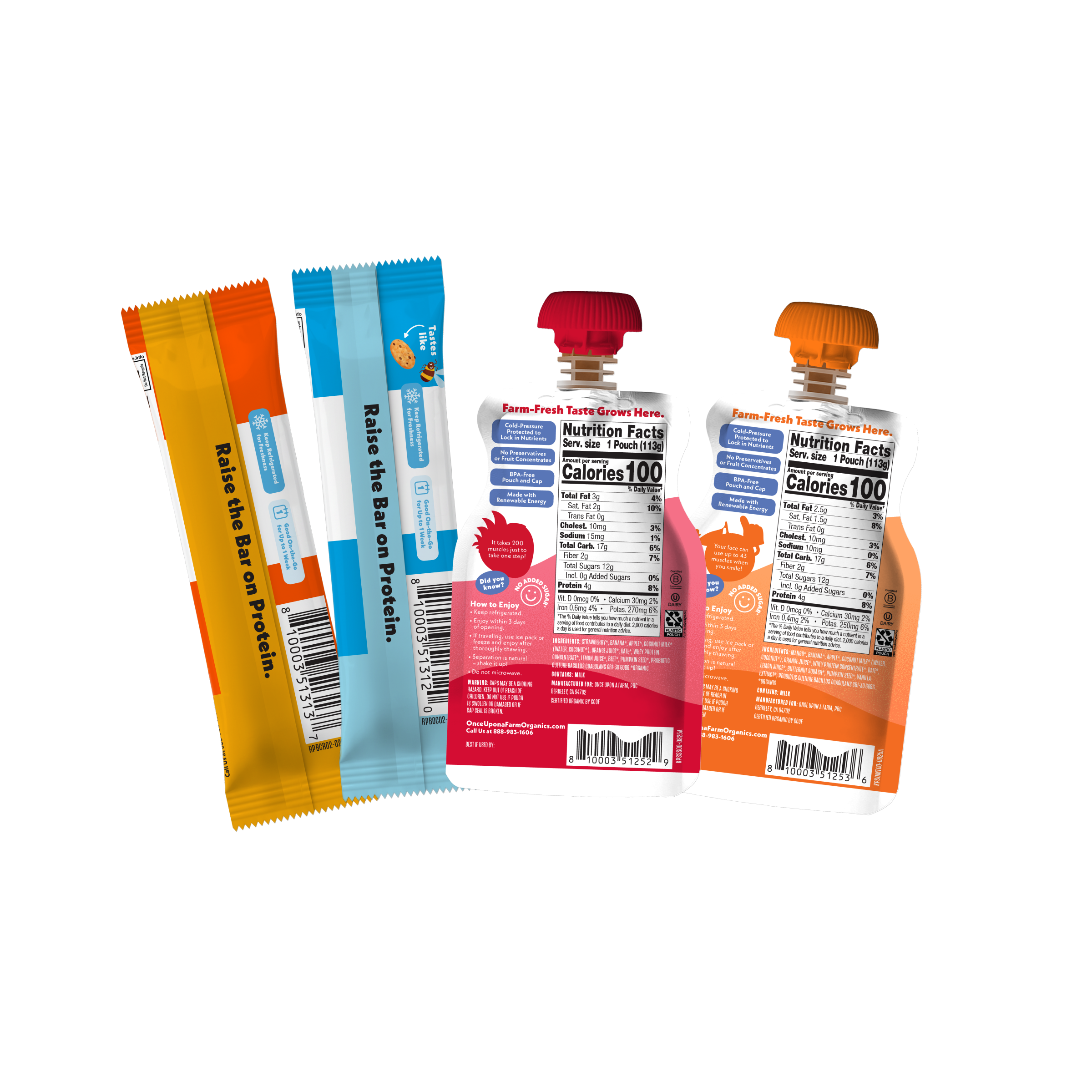Two protein snack pouches and two wrapped protein bars displayed against a plain white background. 