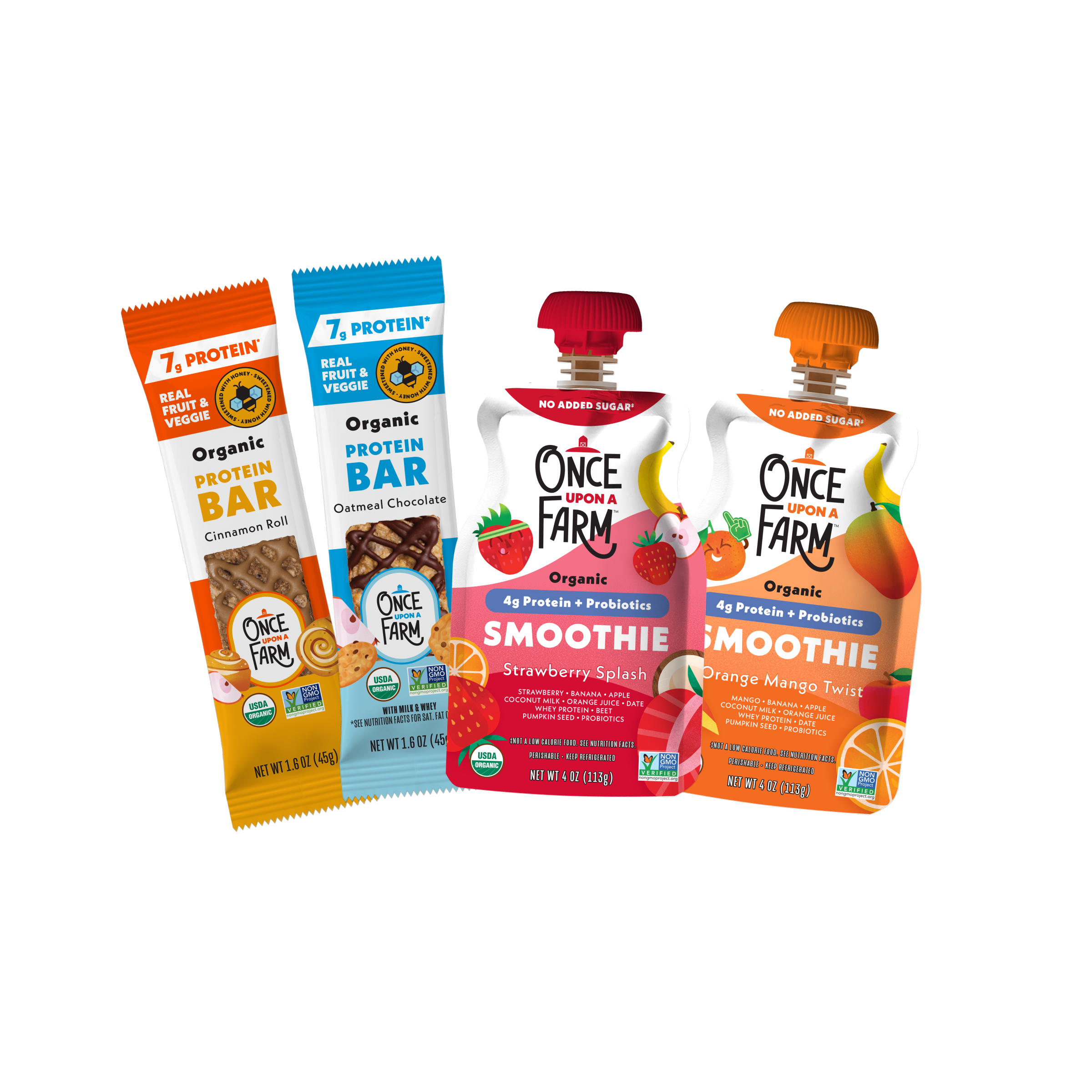 Four Once Farm baby food products displayed together on a plain white background: two protein bars in orange and blue wrappers, and two smoothies in red and orange pouches. 
