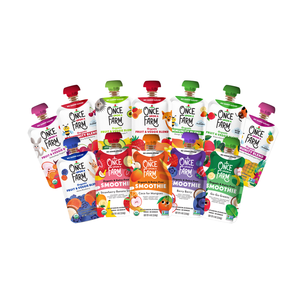 A group of Once Farm Kid Starter Box food pouches arranged together on a plain white background. The products include smoothies, fruit smoothie blends, and fruit & vegetable blends in multiple colors.