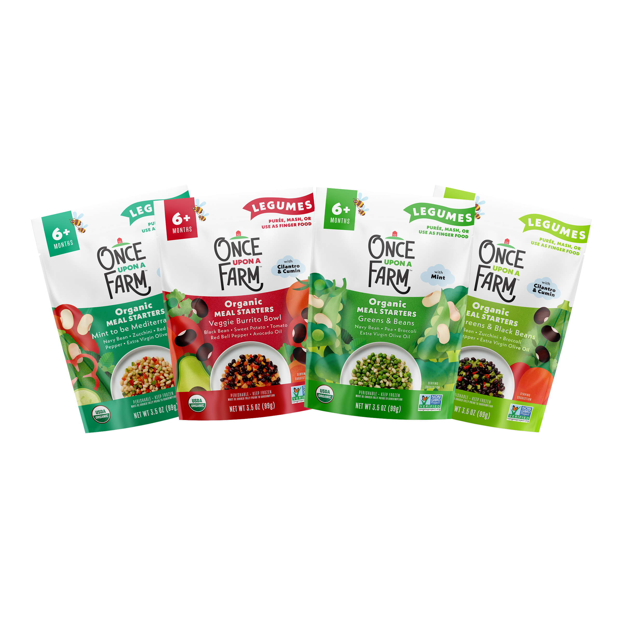 Front of packaging for the Legume Meals Variety Pack. Mint to be Mediterranean, Veggie Burrito Bowl, Greens & Beans, and Red, Greens & Black Beans