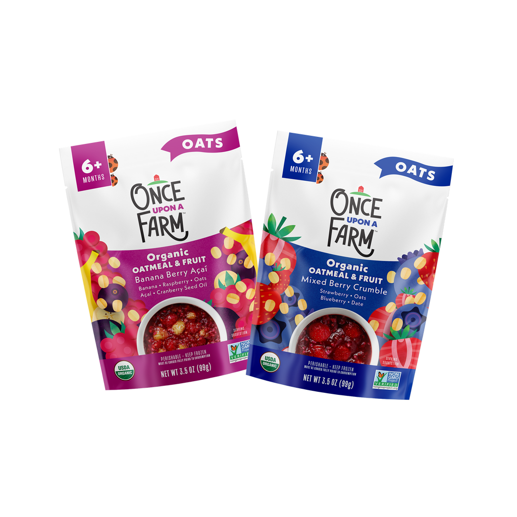 Front of packaging for Oatmeal & Fruit Meals Variety Pack. Banana Berry & Acai and Mixed Berry Crumble. 