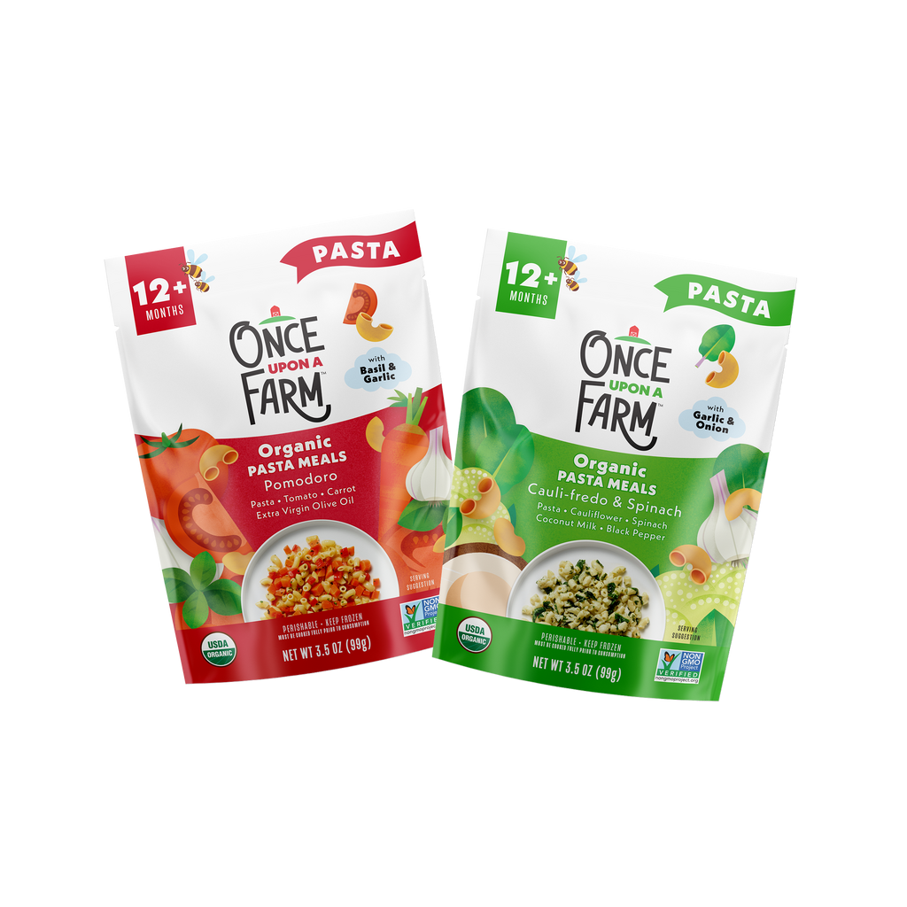 front packaging on Pasta Meals Variety Pack showing Pomodoro and Cauli-Fredo & Spinach pasta meals. 