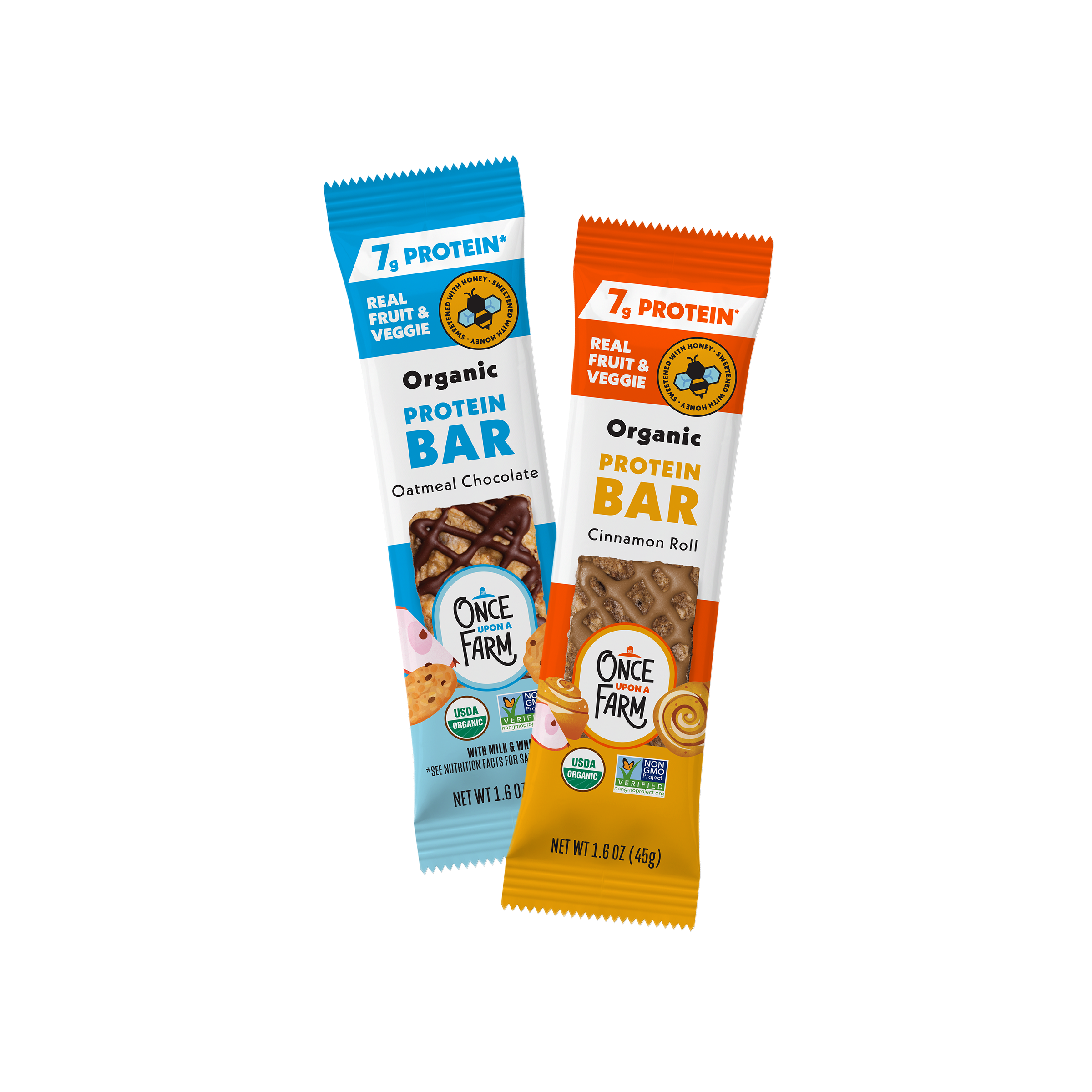 Two packaged Protein Refrigerated Oat Bar with Honey from Once Farm standing upright on a white background. The left bar is blue and labeled Oatmeal Chocolate, and the right bar is orange and labeled Cinnamon Roll.