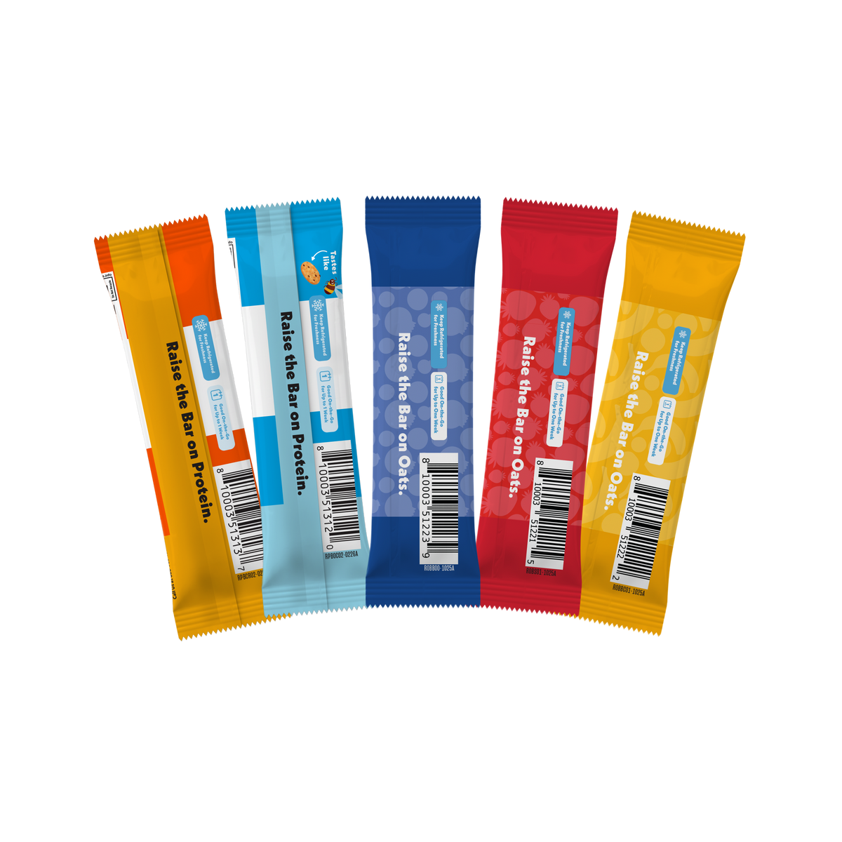 Six protein powder stick packs in different colors (orange, light blue, dark blue, red, and yellow) arranged in a fan shape on a plain white background.